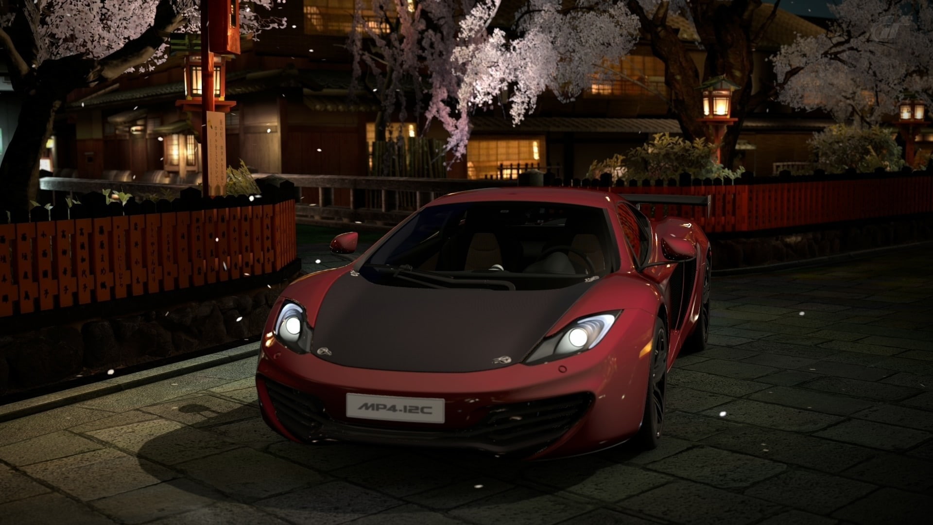 illuminated, McLaren MP4-12C, outdoors, motor vehicle, car, building exterior, video games, no people, 1080P, transportation, architecture, red, paving stone, HD Wallpaper