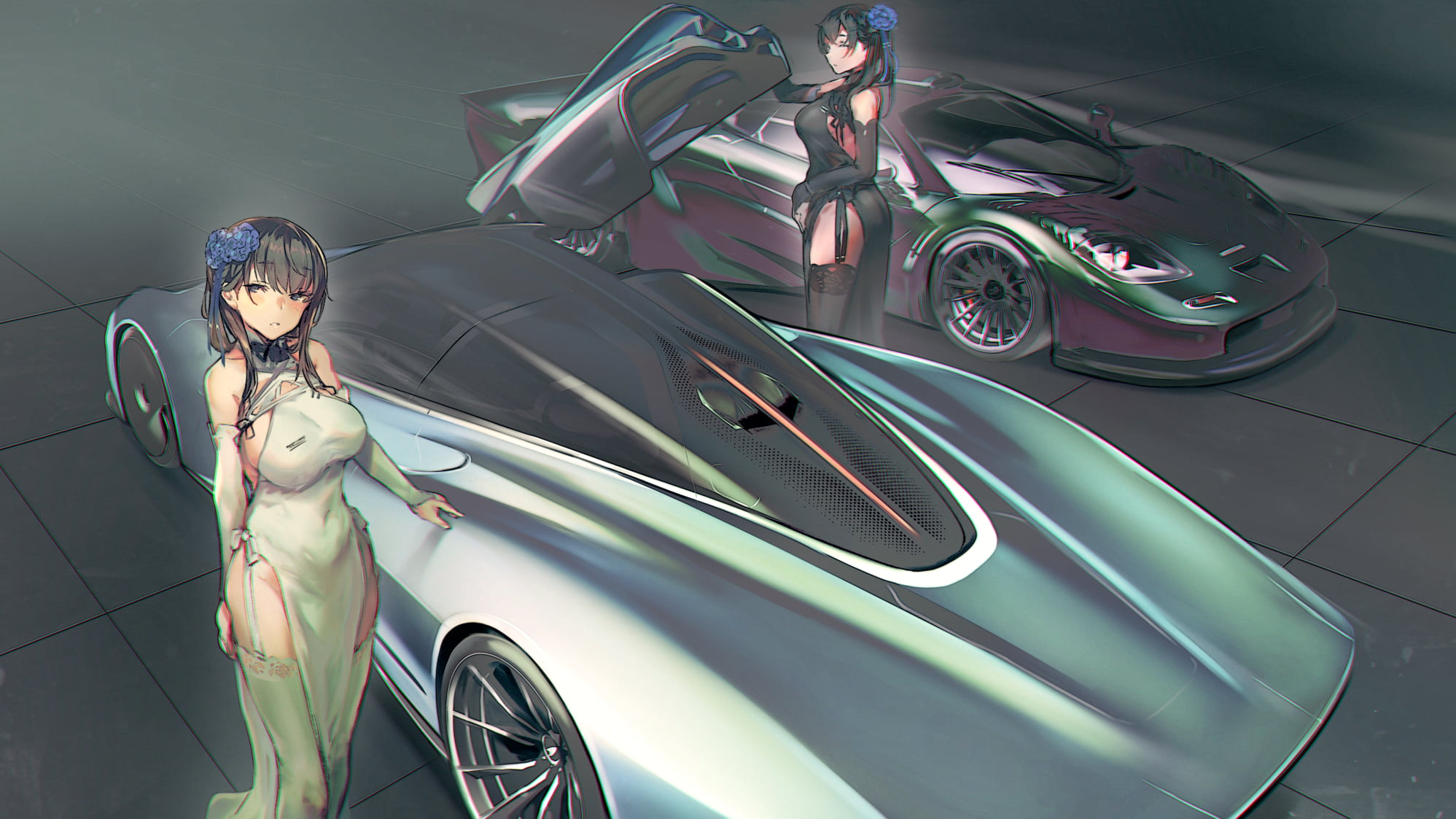 dark hair, white dress, black stockings, Hypercar, open door, McLaren F1, McLaren Speedtail, vehicle, stockings, car, 1080P, McLaren, black dress, detached sleeves, HD Wallpaper