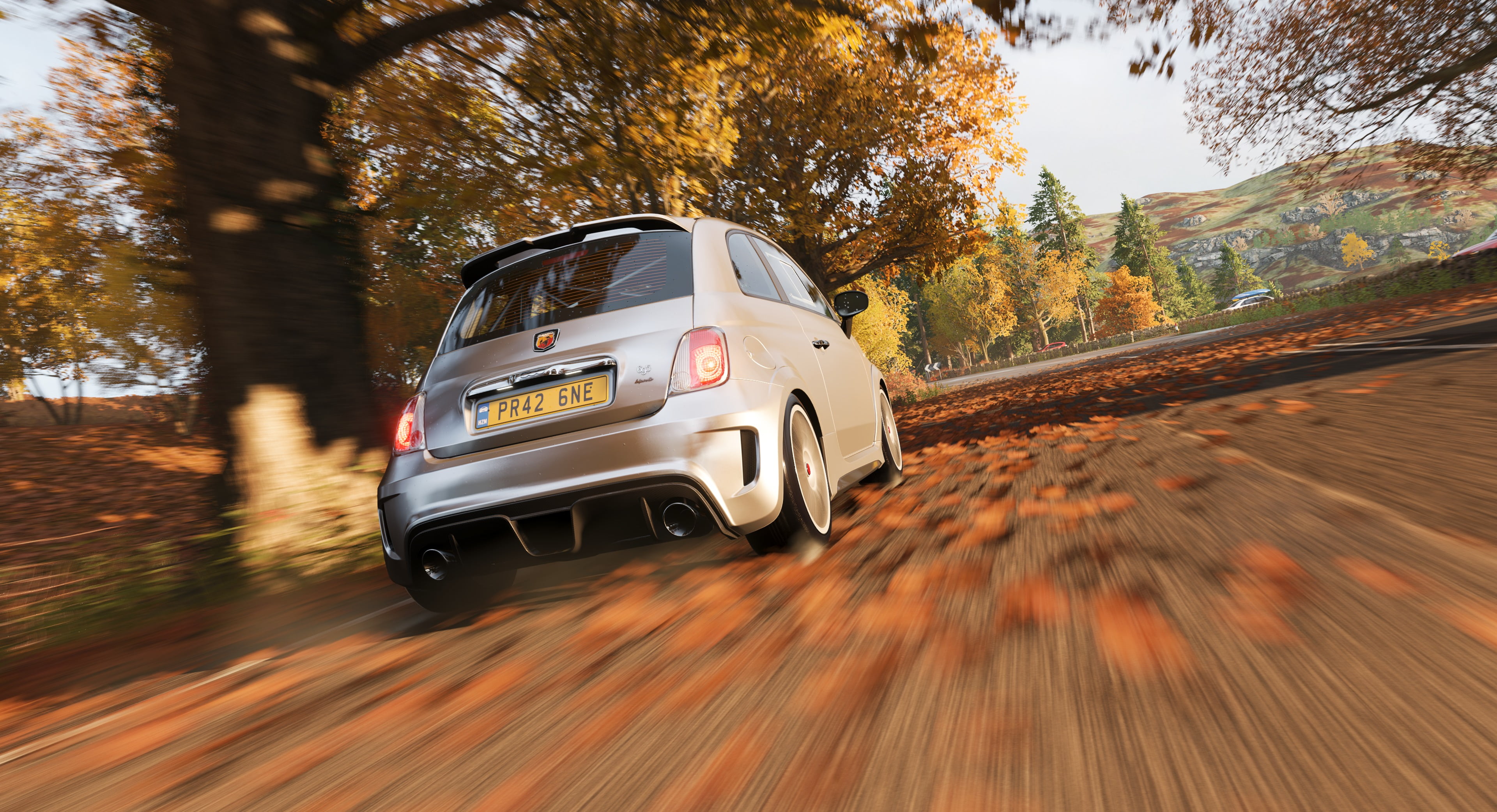 screen shot, tree, fall, on the move, car, day, travel, Forza Horizon 4, land vehicle, mode of transportation, outdoors, Abarth 695 Biposito, 4K, driving, HD Wallpaper