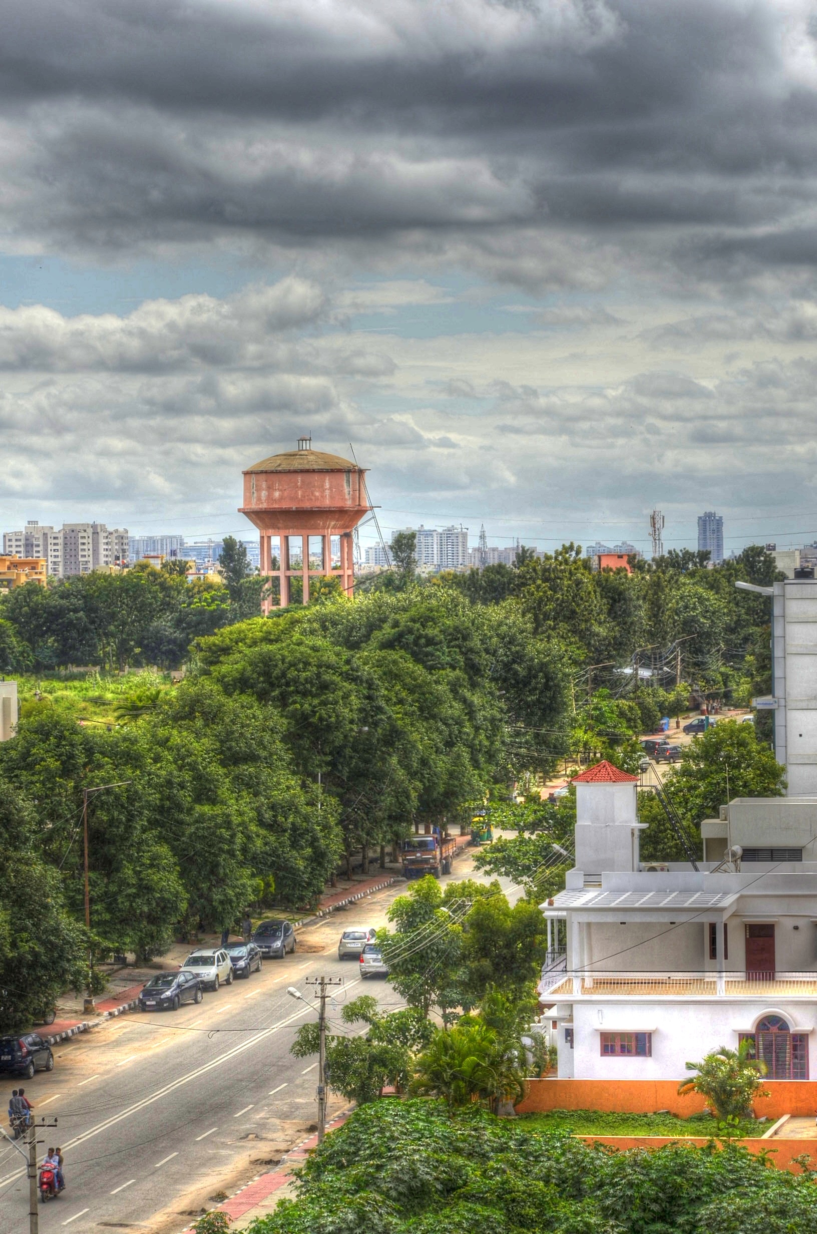 green color, day, 1080P, transportation, bangalore, no people, architecture, high angle view, tree, cloud - sky, building, sky, town, nature, growth, india, Phone HD Wallpaper