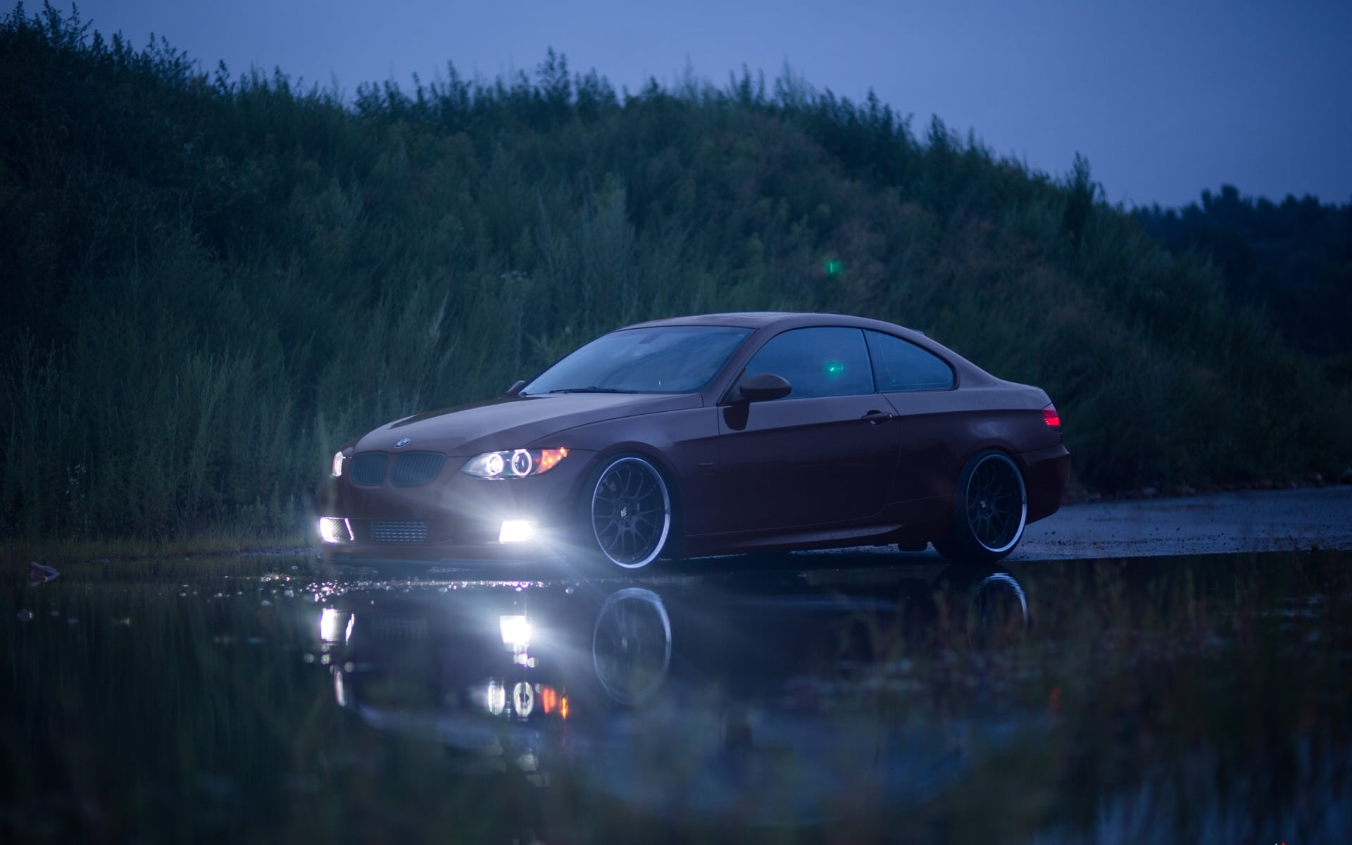 transportation, on the move, plant, illuminated, car, non-urban scene, red, motor vehicle, day, 335i, headlights, road, luxury, no people, road trip, puddle reflection, HD Wallpaper