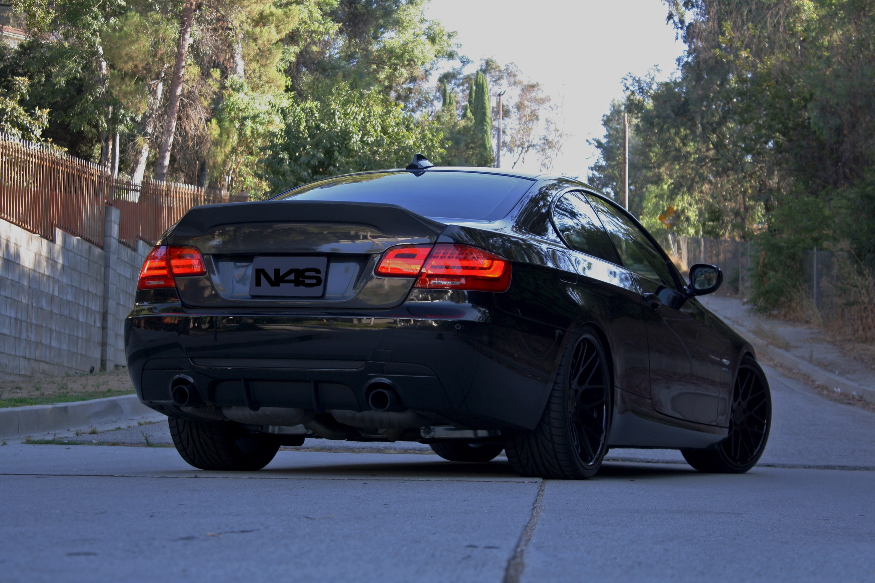 headlights, trees, 335i, back, BMW, 2K, black, the sky, HD Wallpaper