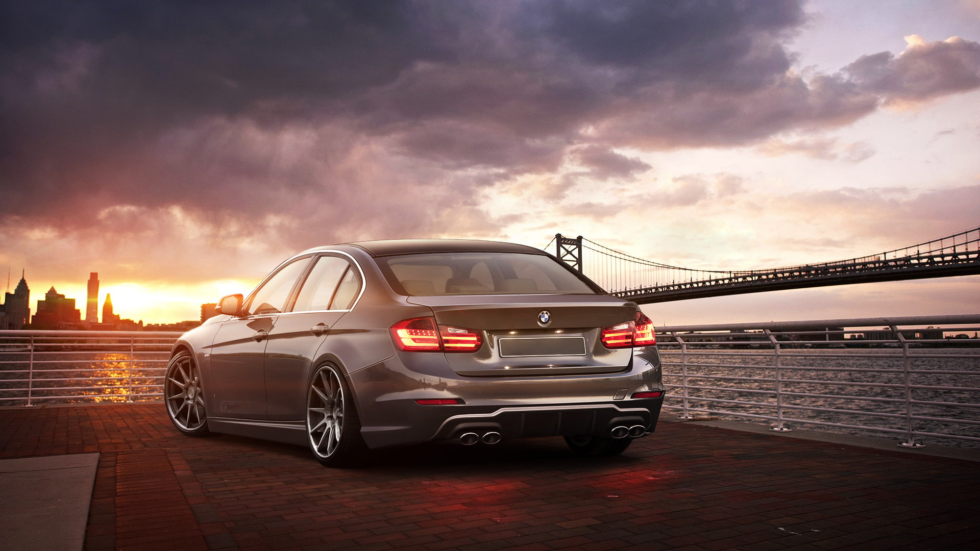 F30, BMW, rear, sunset, 335i, 3 Series, bridge, 1080P, HD Wallpaper