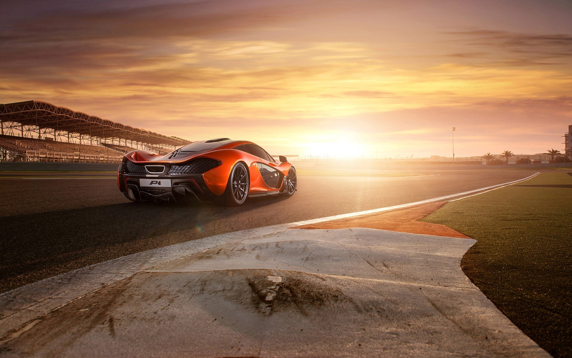 outdoors, sky, McLaren, land vehicle, landscape, cloud - sky, transportation, McLaren P1, sunset, orange color, sunlight, speed, no people, mode of transportation, HD Wallpaper