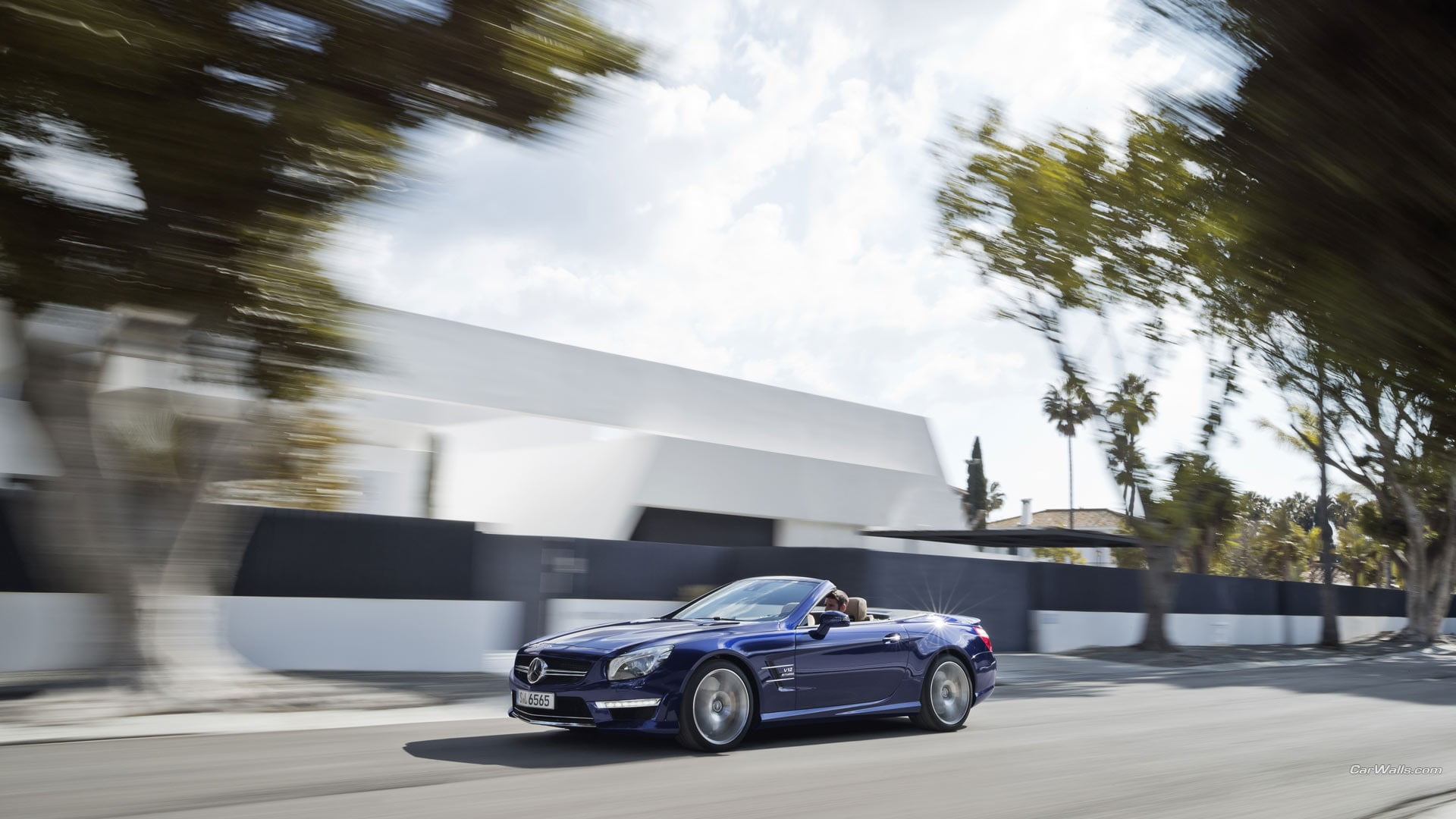 sky, outdoors, sunlight, cloud - sky, mode of transportation, built structure, Mercedes SL 65 AMG, street, motion, building exterior, blue cars, no people, HD Wallpaper