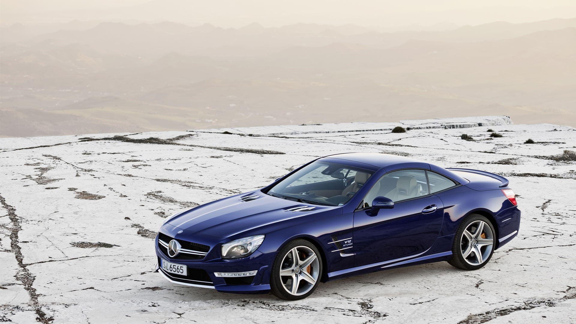 motor vehicle, Mercedes SL 65 AMG, Blue Cars, winter, white color, mode of transportation, land, nature, day, cold temperature, sky, snow, snowcapped mountain, HD Wallpaper
