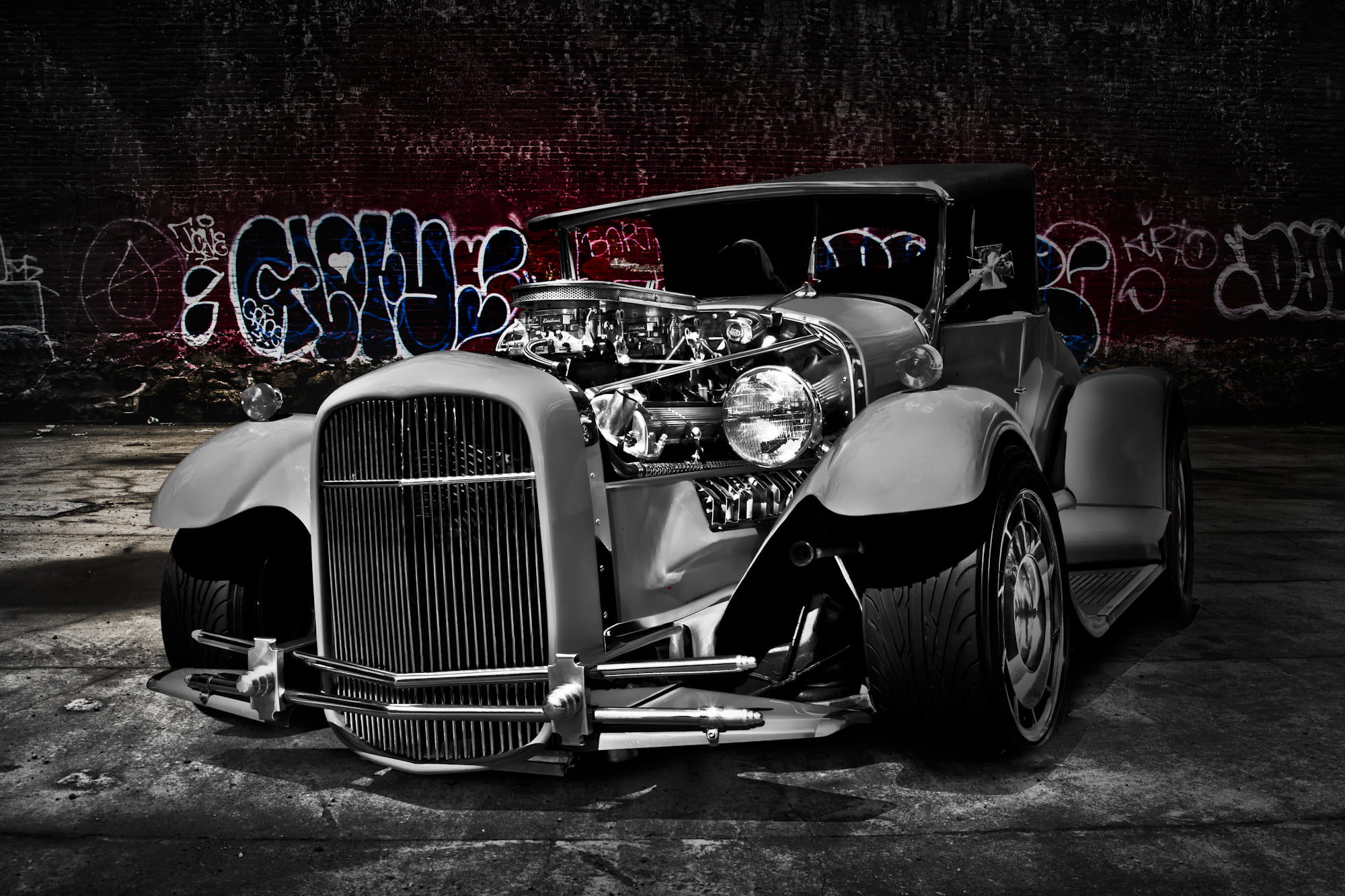 classic, stationary, wall - building feature, transportation, rod, outdoors, hot rod, retro, silver, day, vintage car, 1080P, built structure, vintage, HD Wallpaper