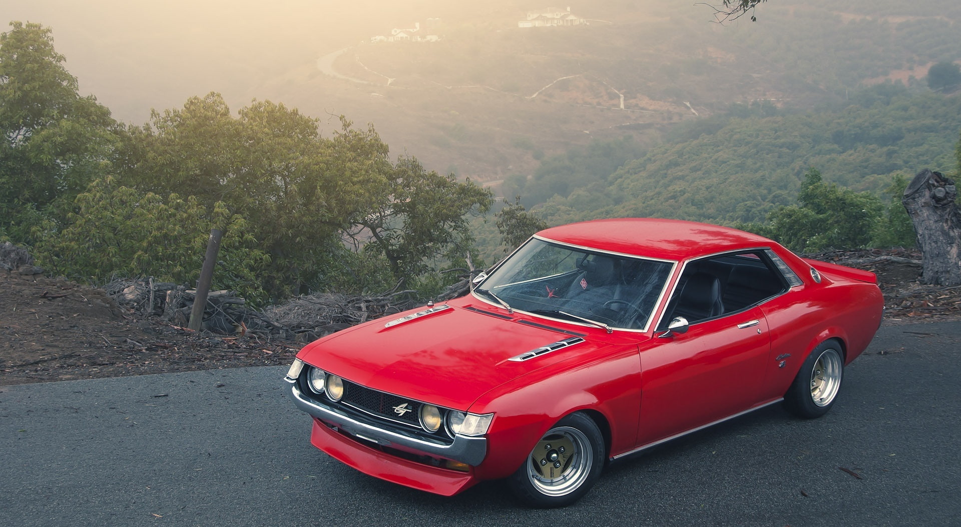 street, 1080P, travel, coupe, transportation, motor vehicle, RA21, outdoors, plant, Motors, car, tree, Classic Cars, mountain, stationary, toyota, retro styled, HD Wallpaper
