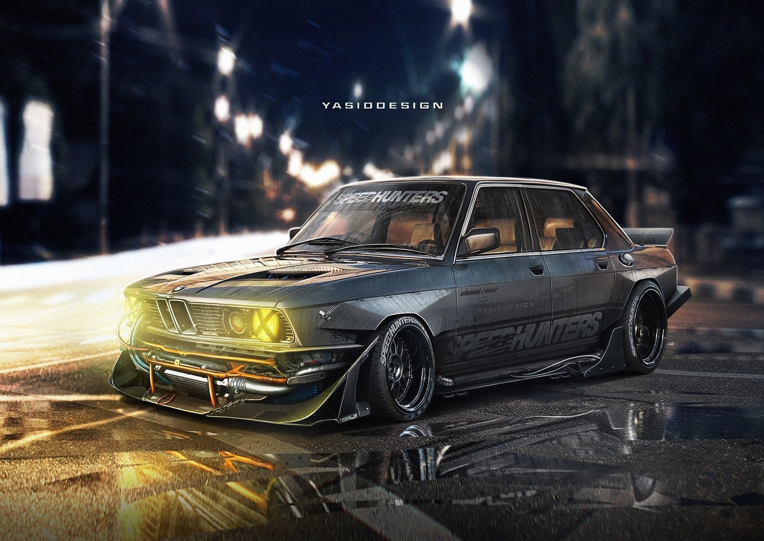 car, render, Yellow Headlights, artwork, BMW 535i, bmw, 720P, Tuning, Speedhunters, Taped Headlights, YASIDDESIGN, HD Wallpaper