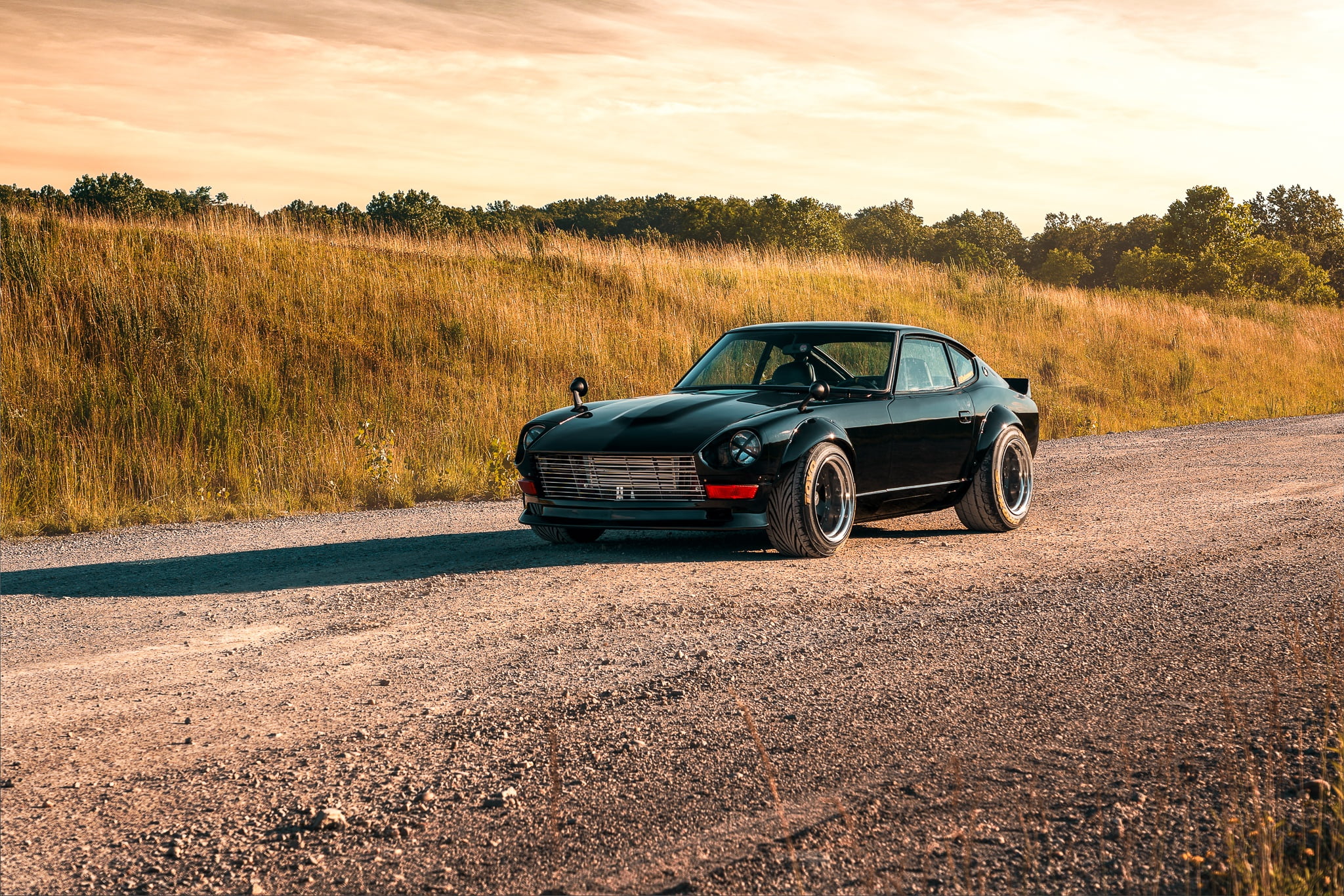 grass, classic car, black cars, Sunny, 1080P, taped headlights, tuning, gravel, sunrise, green cars, Nissan S30, old car, vehicle, Japanese cars, Datsun, HD Wallpaper