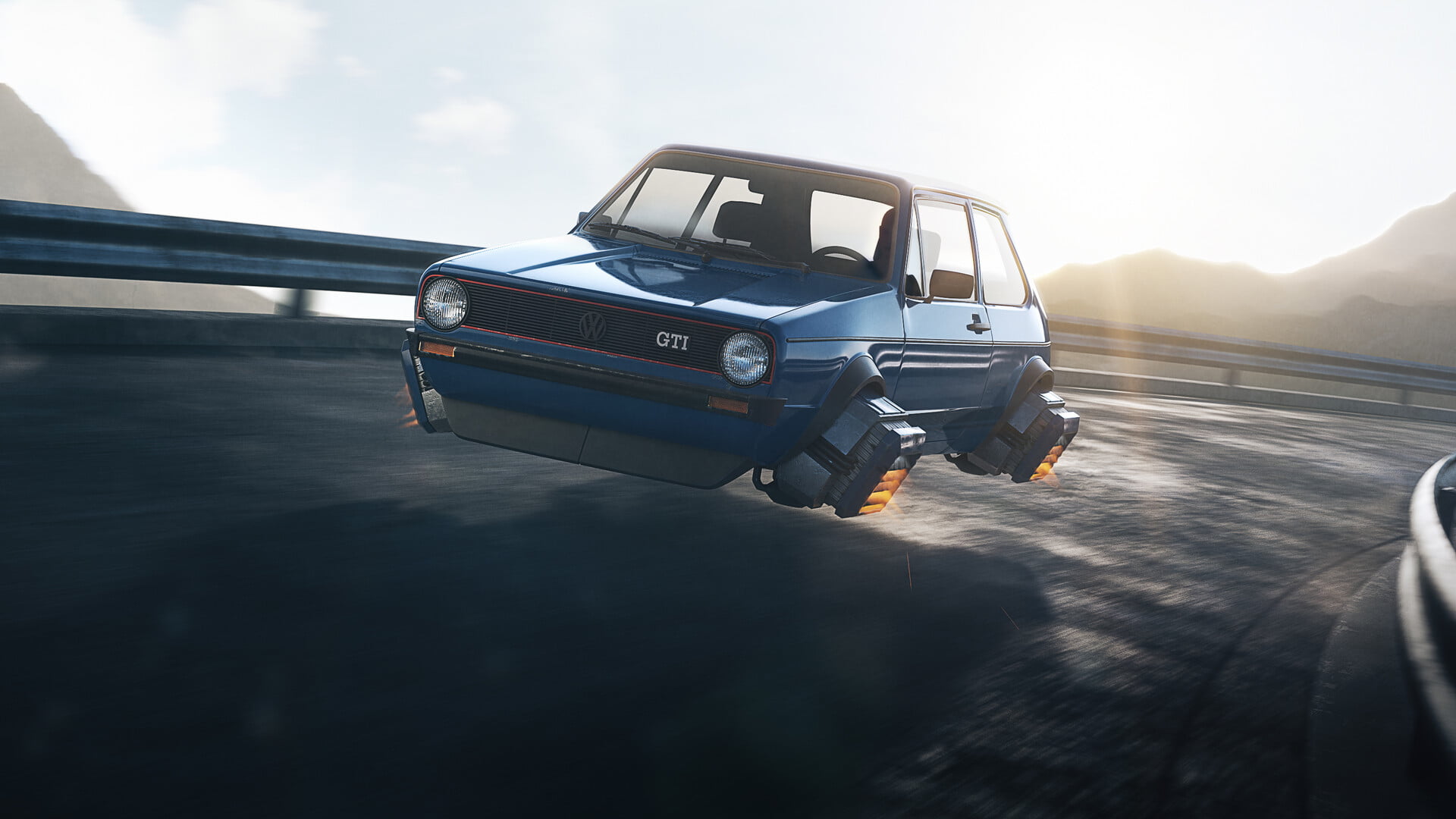Volkswagen, flying car, science fiction, vehicle, Golf Mk1, Guilherme Moura, artwork, 1080P, CGI, digital art, car, HD Wallpaper