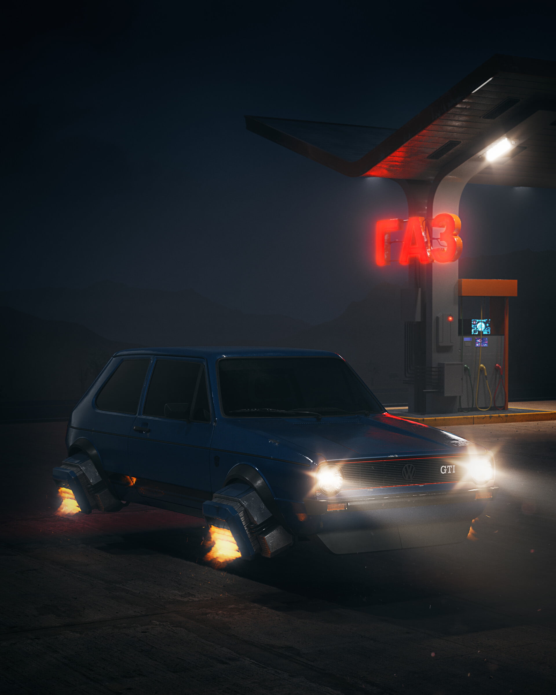artwork, Guilherme Moura, Golf Mk1, science fiction, CGI, flying car, 1080P, car, digital art, vehicle, Volkswagen, night, Phone HD Wallpaper