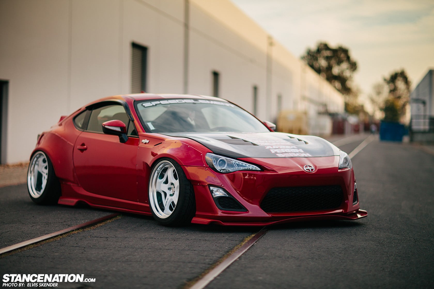 focus on foreground, Scion, Stance, sports car, transportation, vintage car, convertible, city, racecar, street, motor vehicle, door, land vehicle, sports race, HD Wallpaper