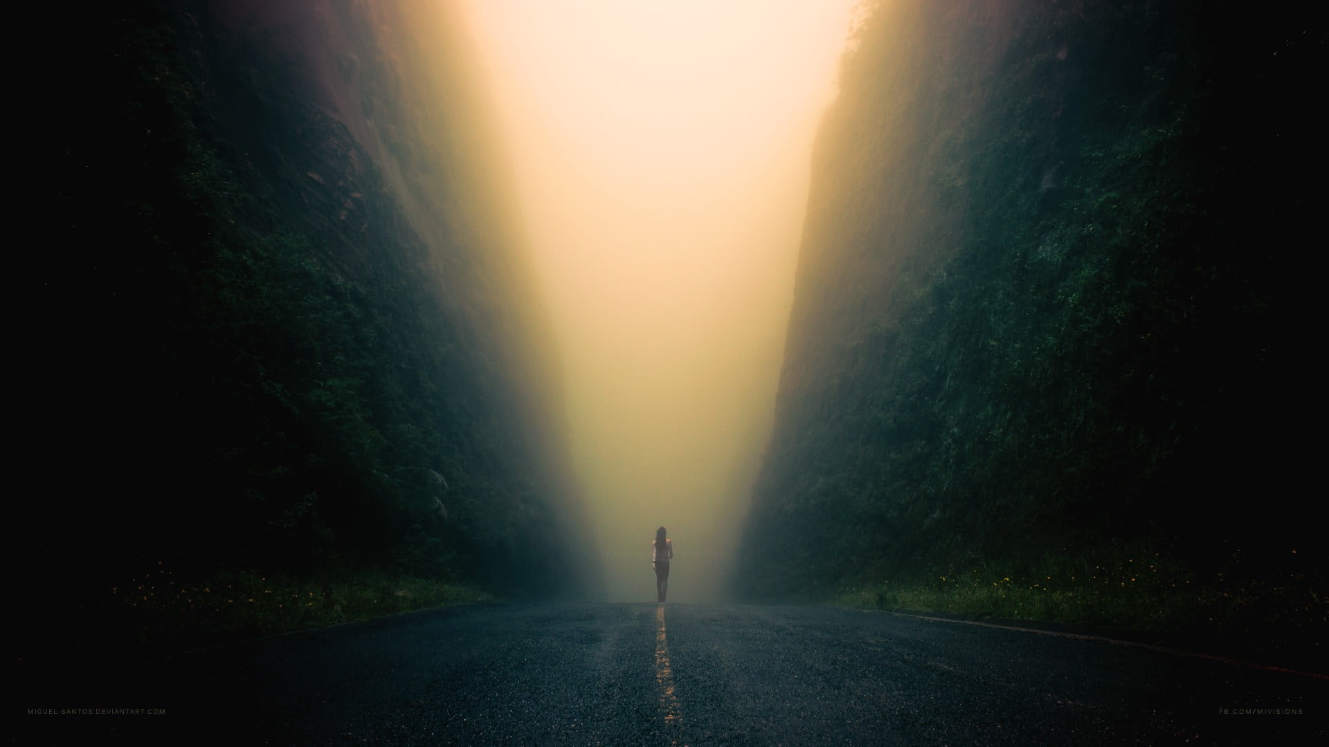 beauty in nature, asphalt, scenics - nature, 1080P, landscape, one person, tranquility, DeviantArt, the way forward, road, vanishing point, sunlight, mystery, HD Wallpaper