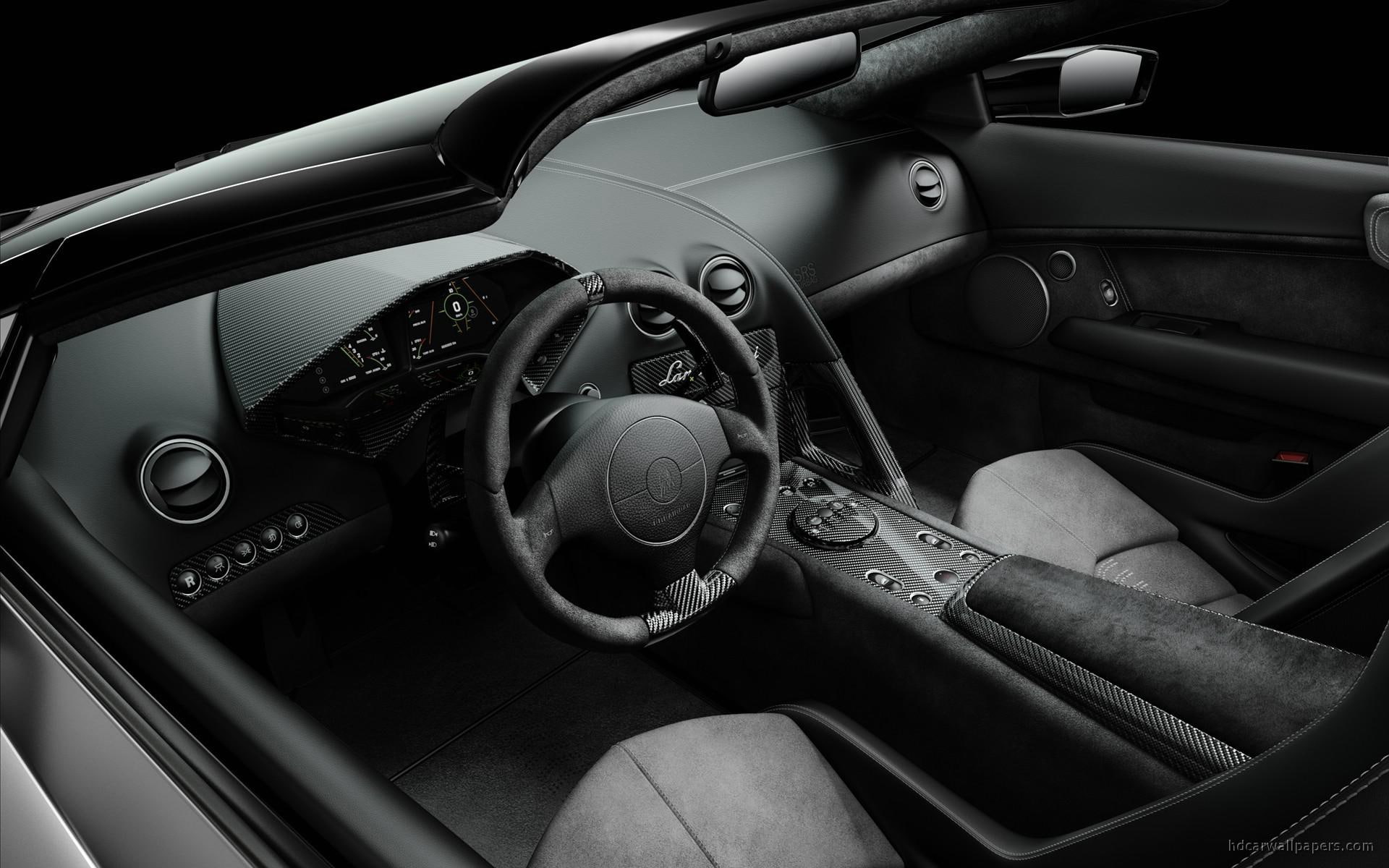 car, roadster, wheel, steering, interior, 1080P, black, cars, reventon, lamborghini, HD Wallpaper