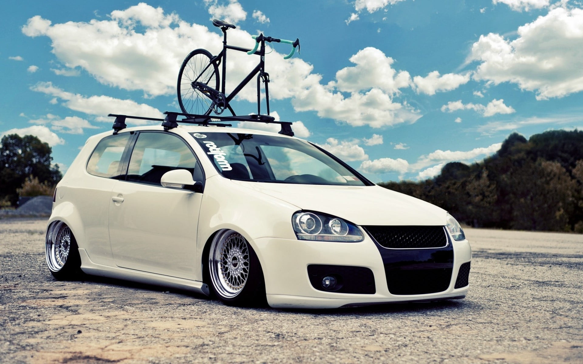 stationary, sunlight, plant, sky, luxury, day, nature, car, motor vehicle, tree, black, transportation, bike, cloud - sky, golf v, BBS, land vehicle, top, HD Wallpaper