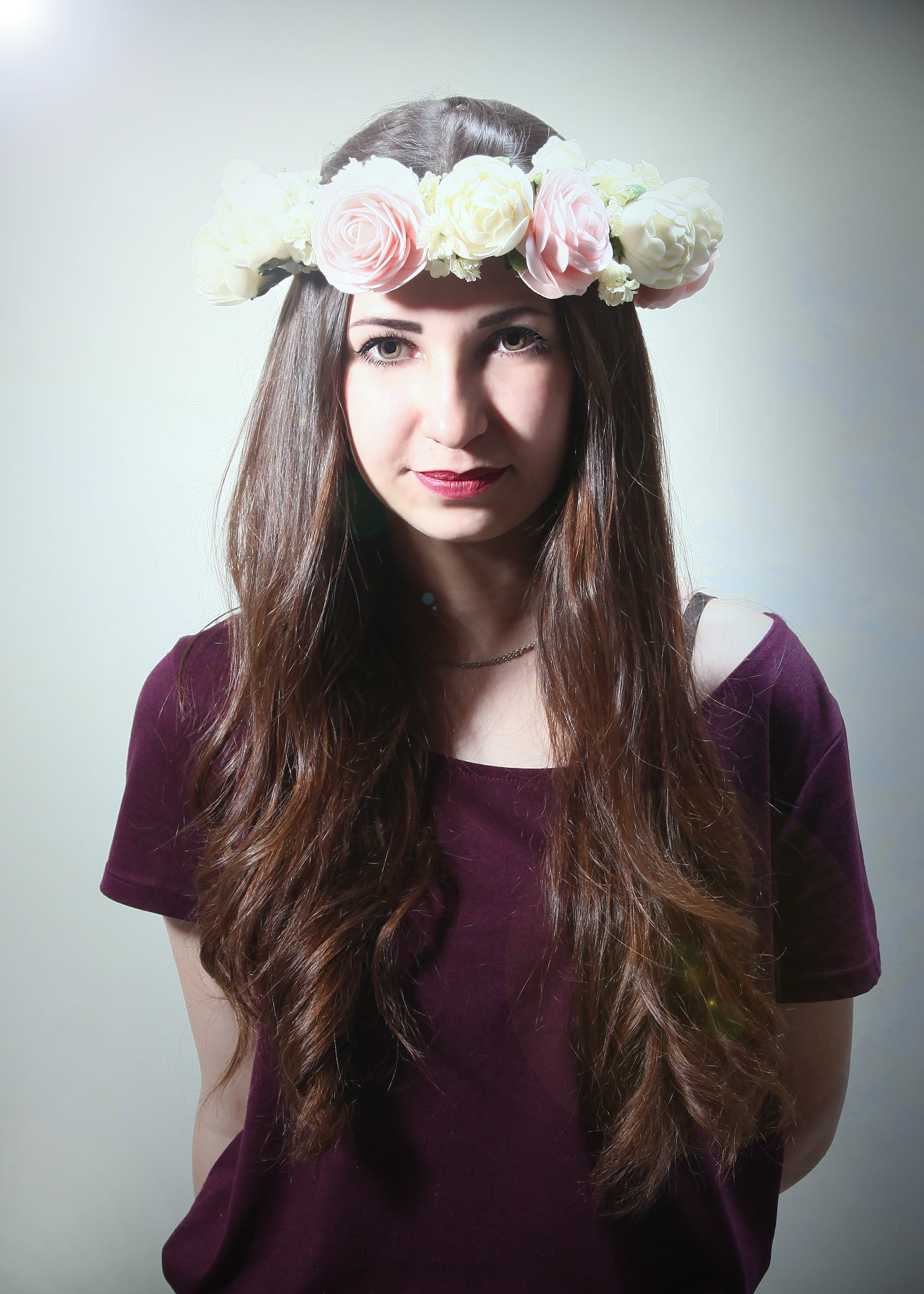 flower, woman, young women, nature, flowers, character, wearing, the freshness, one woman only, youth, shyness, brunette, young adult, looking at camera, Phone HD Wallpaper