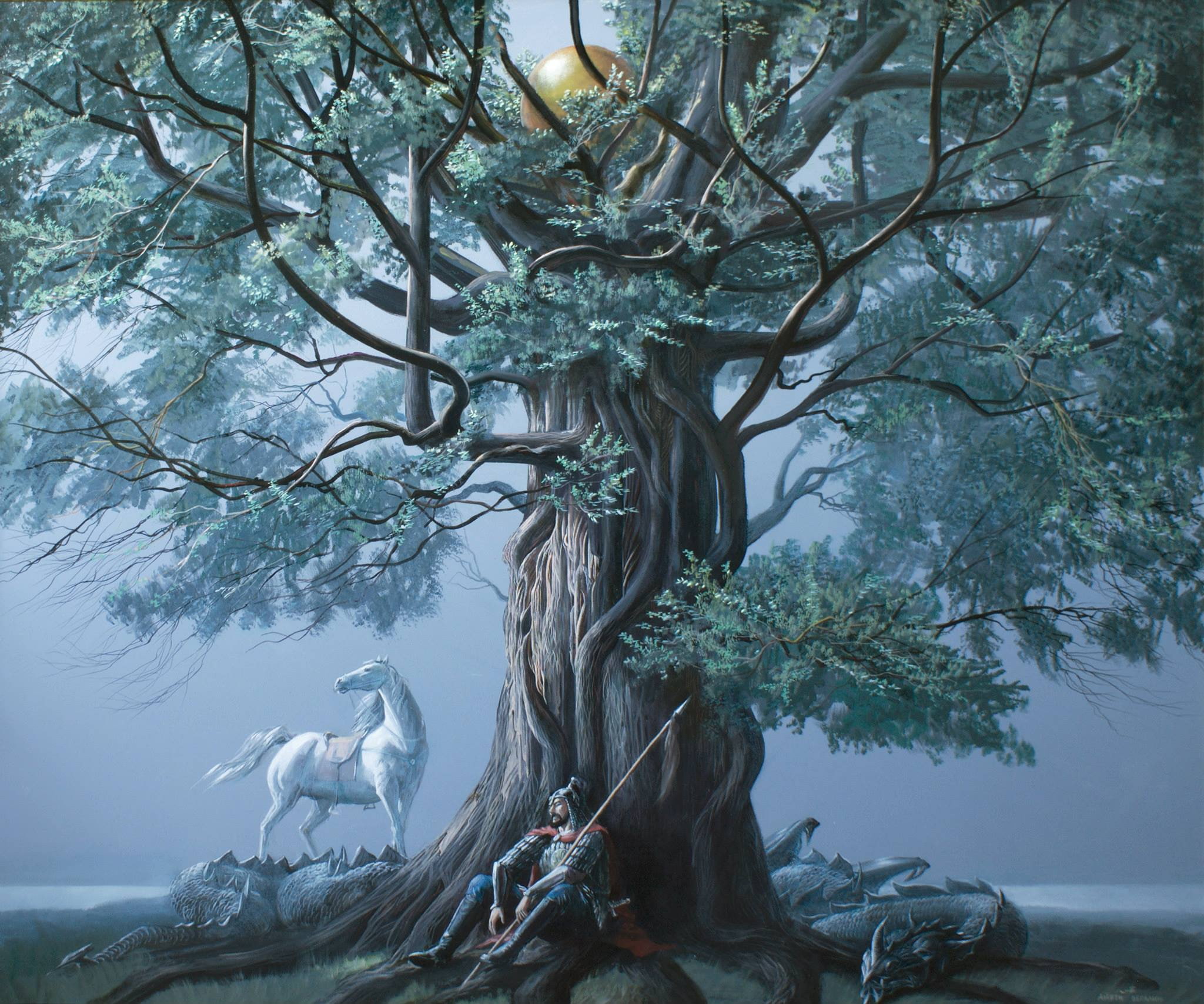 Two thousand twelve, Baiterek, tree, white horse, dragon, tired, warrior, spear, 1080P, Aibek Begalin, HD Wallpaper