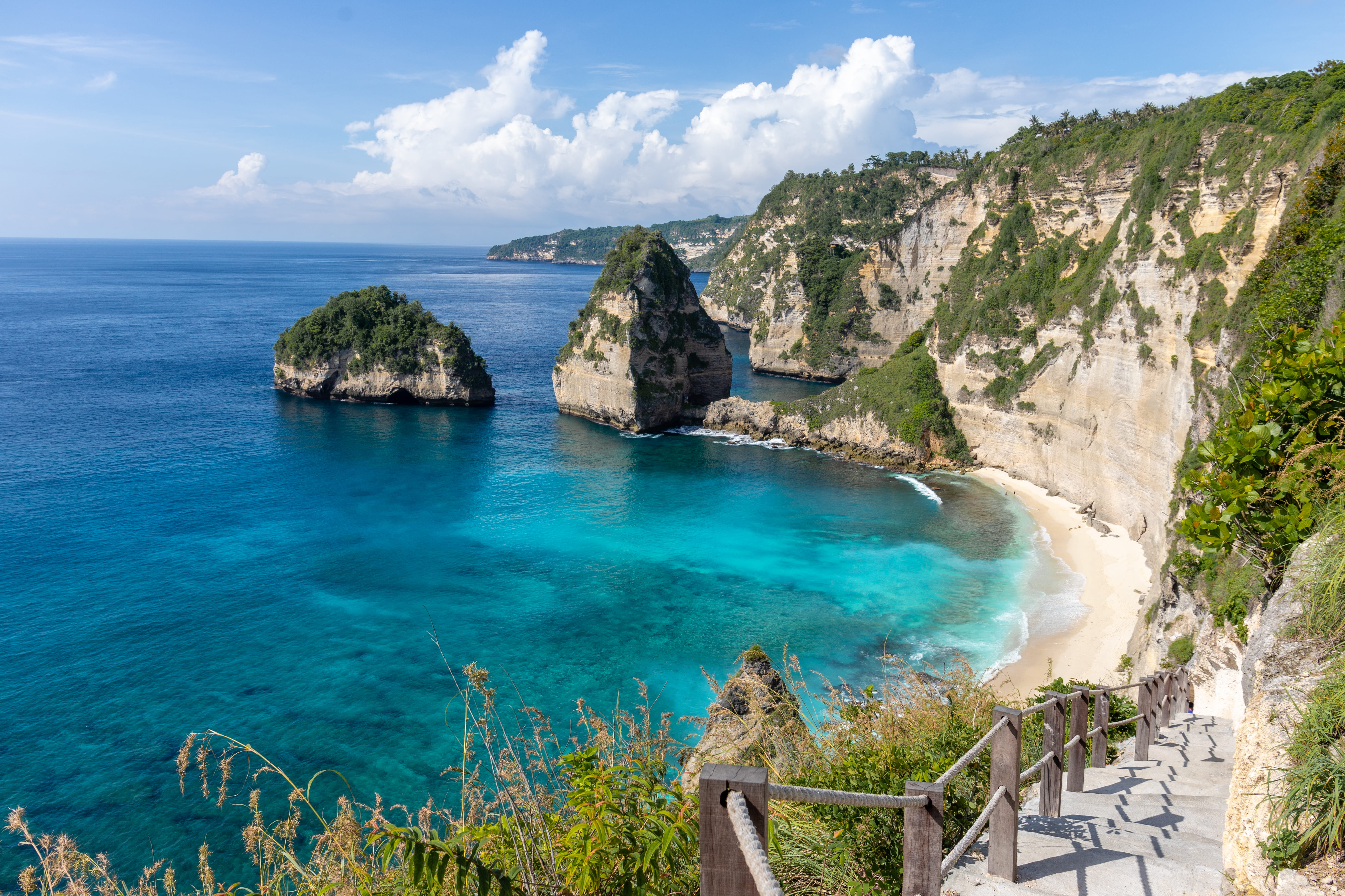 no people, tree, horizon over water, nature, ocean, shoreline, rock - object, water, indonesia, sea, tranquility, turquoise colored, stairs, day, forest, HD Wallpaper