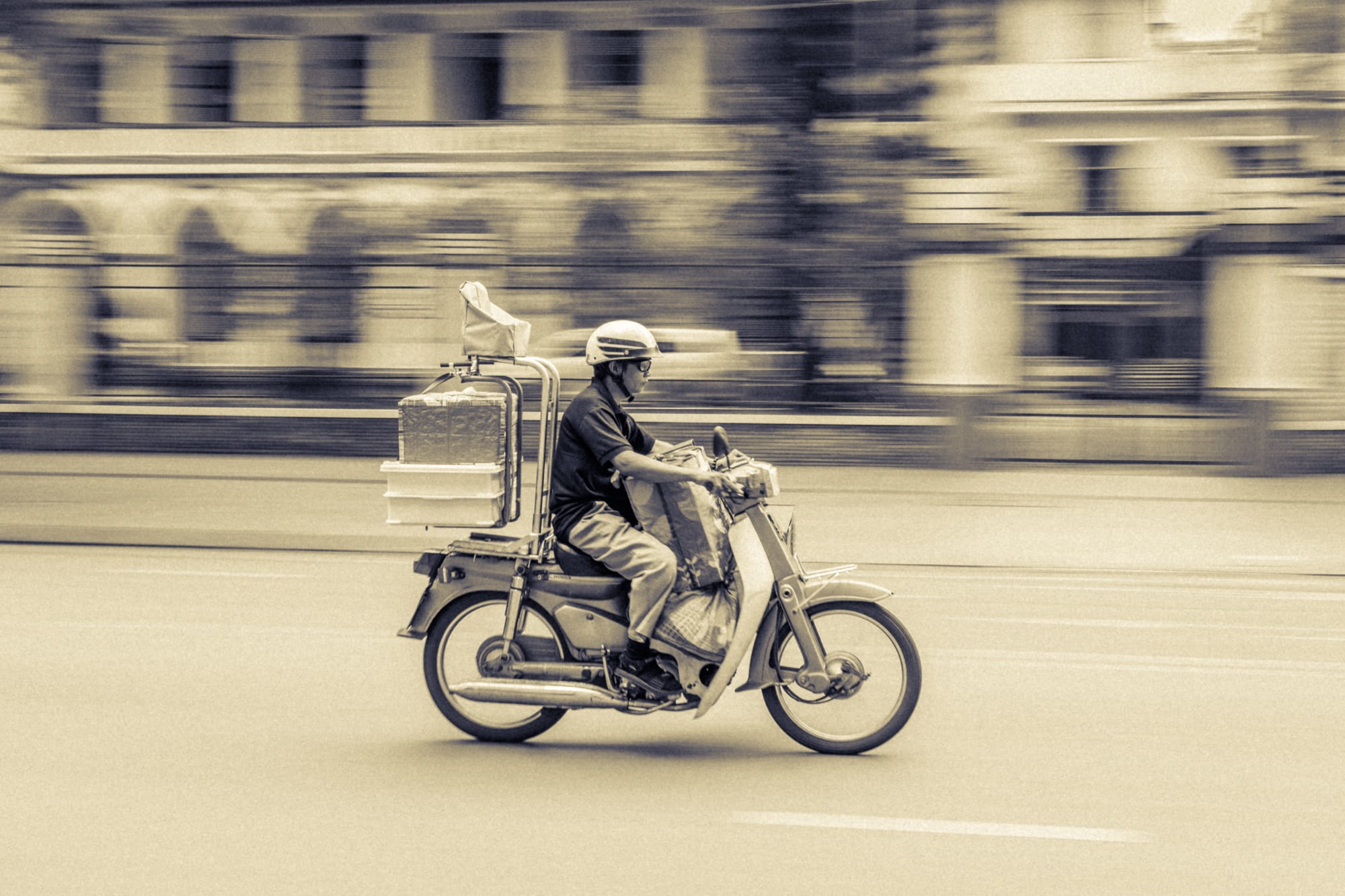 1080P, person, vehicle, transportation, man, riding, delivery, sepia, blurred motion, transportation system, street, full length, one person, land vehicle, HD Wallpaper