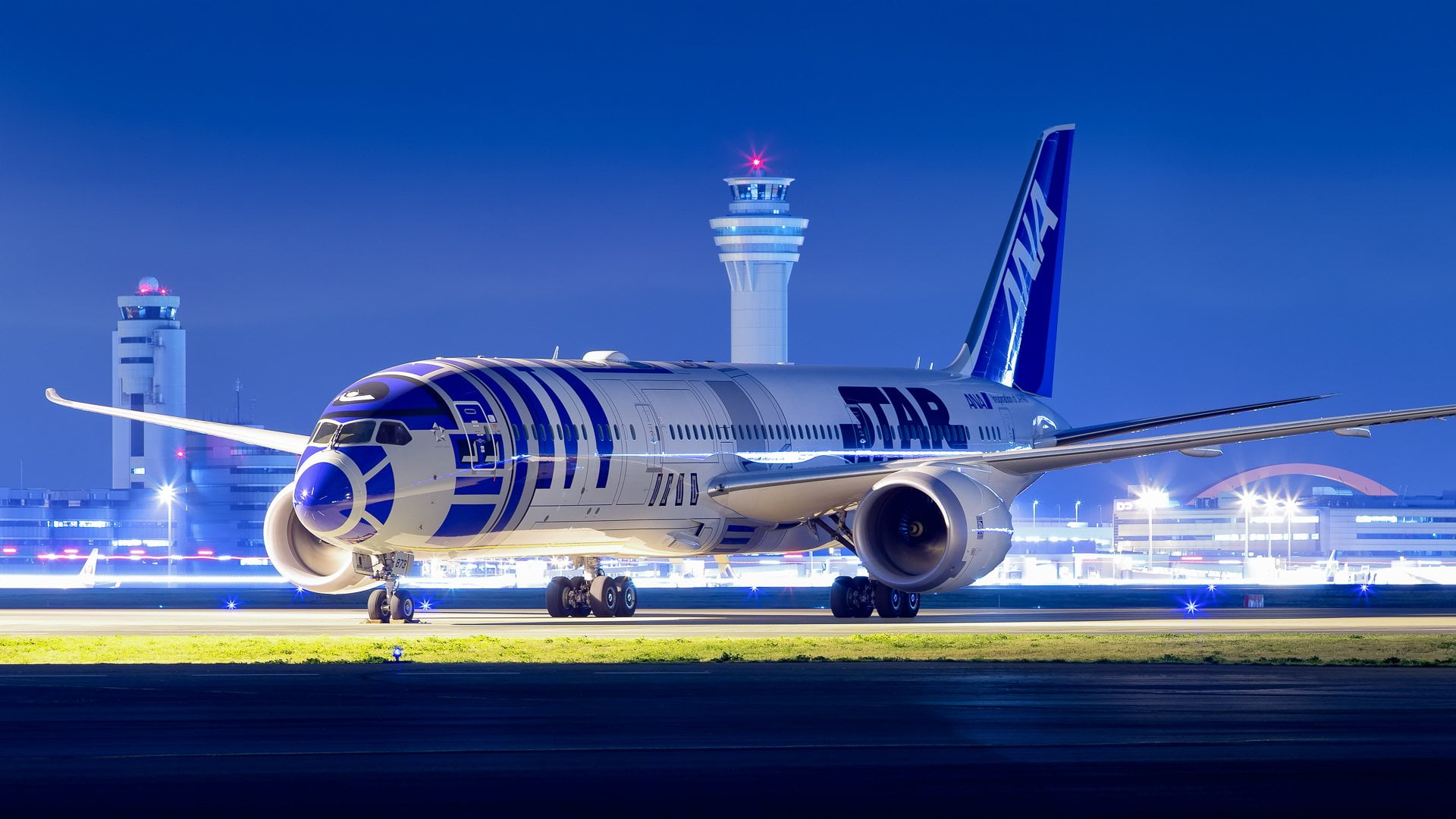 airplane, night, wings, Boeing 787, aircraft, Star Wars, photography, 1080P, airport, lights, Boeing, transport, passenger aircraft, HD Wallpaper