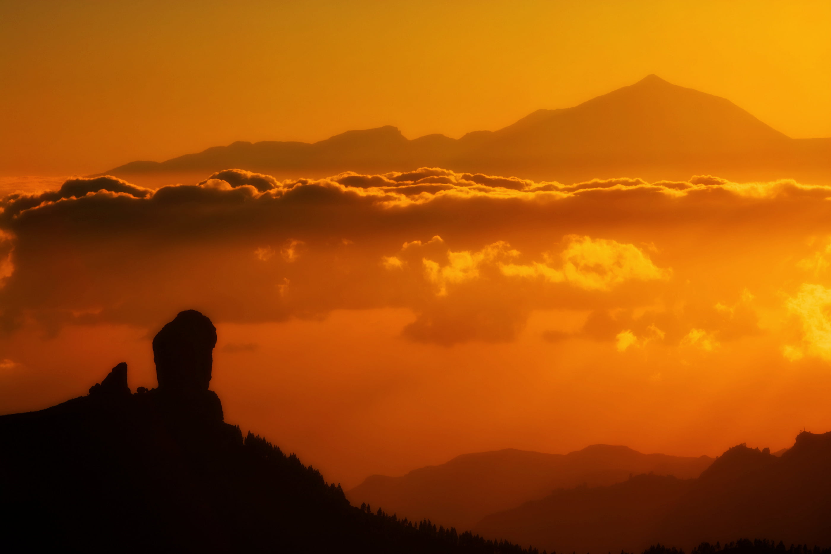 photography, sky, mountain, sunrise - Dawn, orange Color, silhouette, scenics, outdoors, sunset, 2K, el, landscape, teide, nature, hill, HD Wallpaper