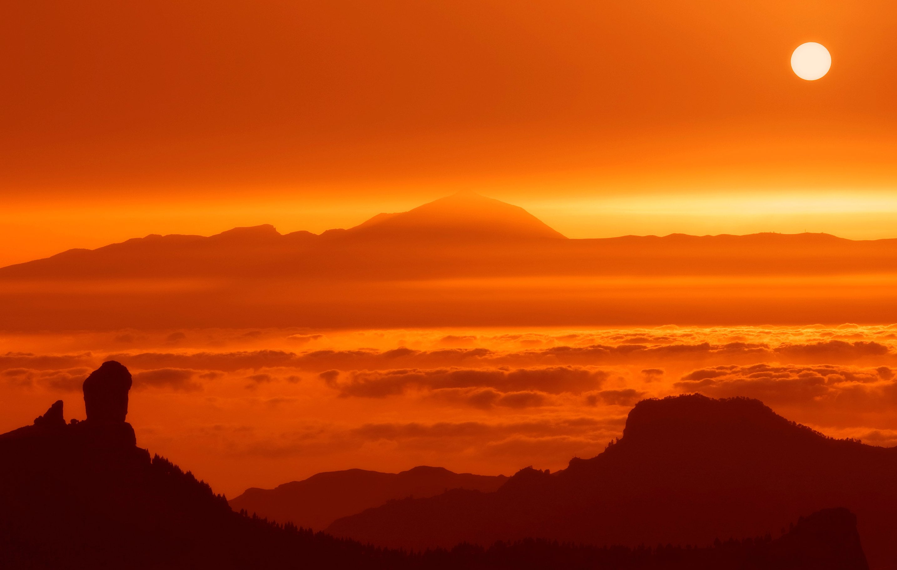 famous Place, mountains, exposure, sunset, 2K, silhouette, mountain, dusk, el, outdoors, nature, sunrise - Dawn, orange Color, teide, landscape, scenics, HD Wallpaper
