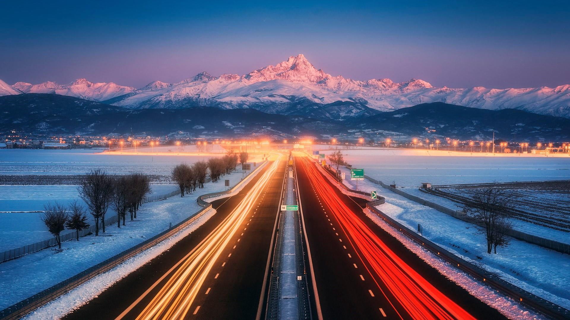 winter, snowcapped mountain, alps, mountain, 1080P, light trail, scenics - nature, pinerolo, beauty in nature, traffic, landscape, cold temperature, transportation, HD Wallpaper