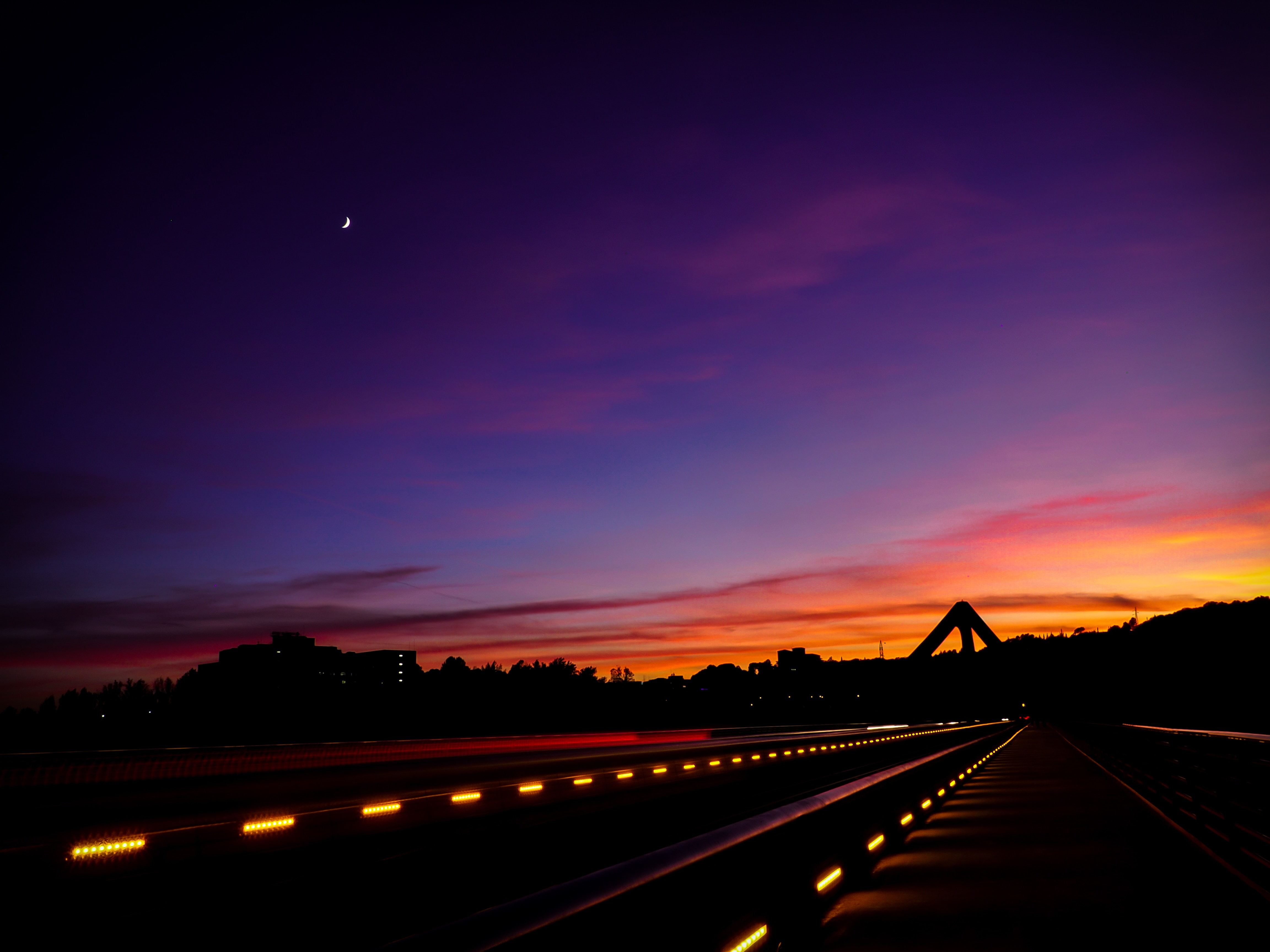 diminishing perspective, lights, illuminated, beauty in nature, multiple lane highway, 4K, no people, outdoors, road, direction, Moon, speed, cloud - sky, HD Wallpaper