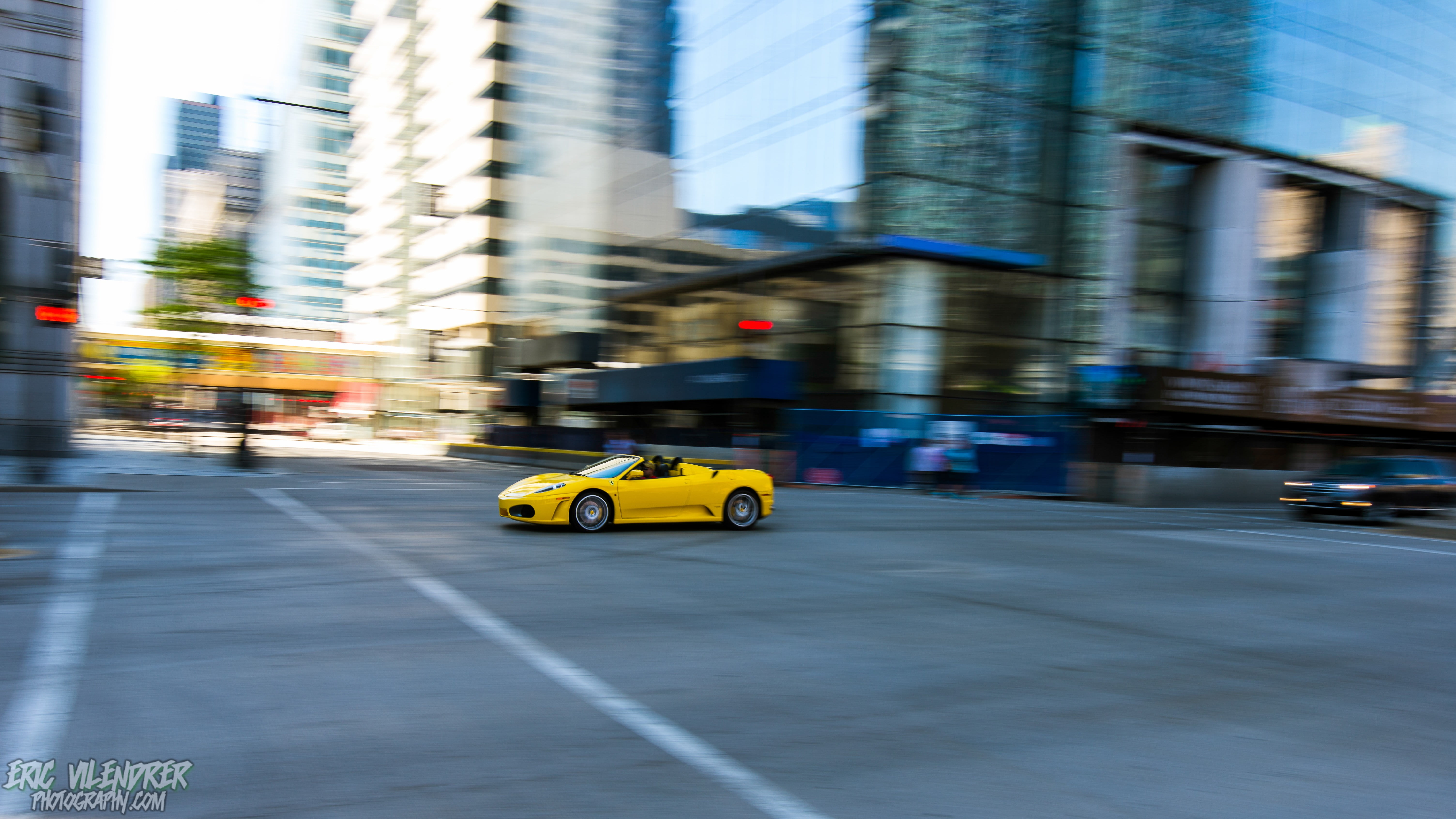 office building exterior, built structure, mode of transportation, city, speed, motion, Ferrari, on the move, city street, skyscraper, land vehicle, 5K, HD Wallpaper