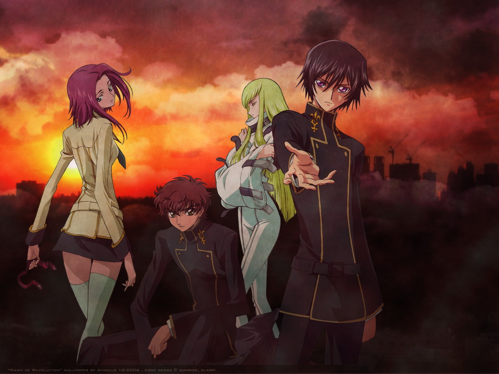 Code Geass, nature, arts culture and entertainment, Kururugi Suzaku, sunset, group of people, outdoors, Kallen Stadtfeld, cloud - sky, standing, horror, HD Wallpaper