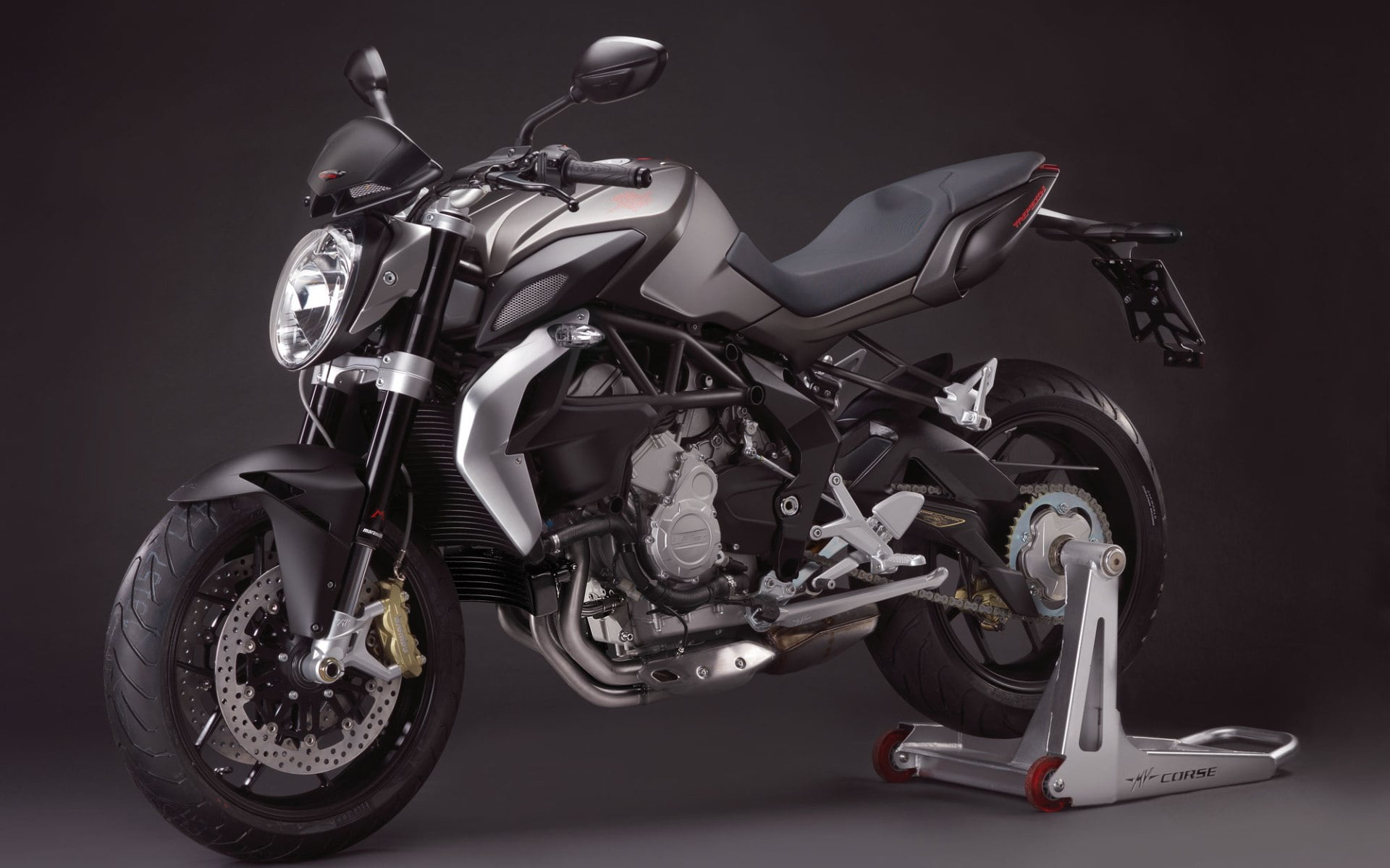 black background, Motorcycles, riding, driving, MV Augusta, silver colored, 1080P, mvagusta, indoors, mode of transportation, motorcycle, sport, c, transportation, HD Wallpaper