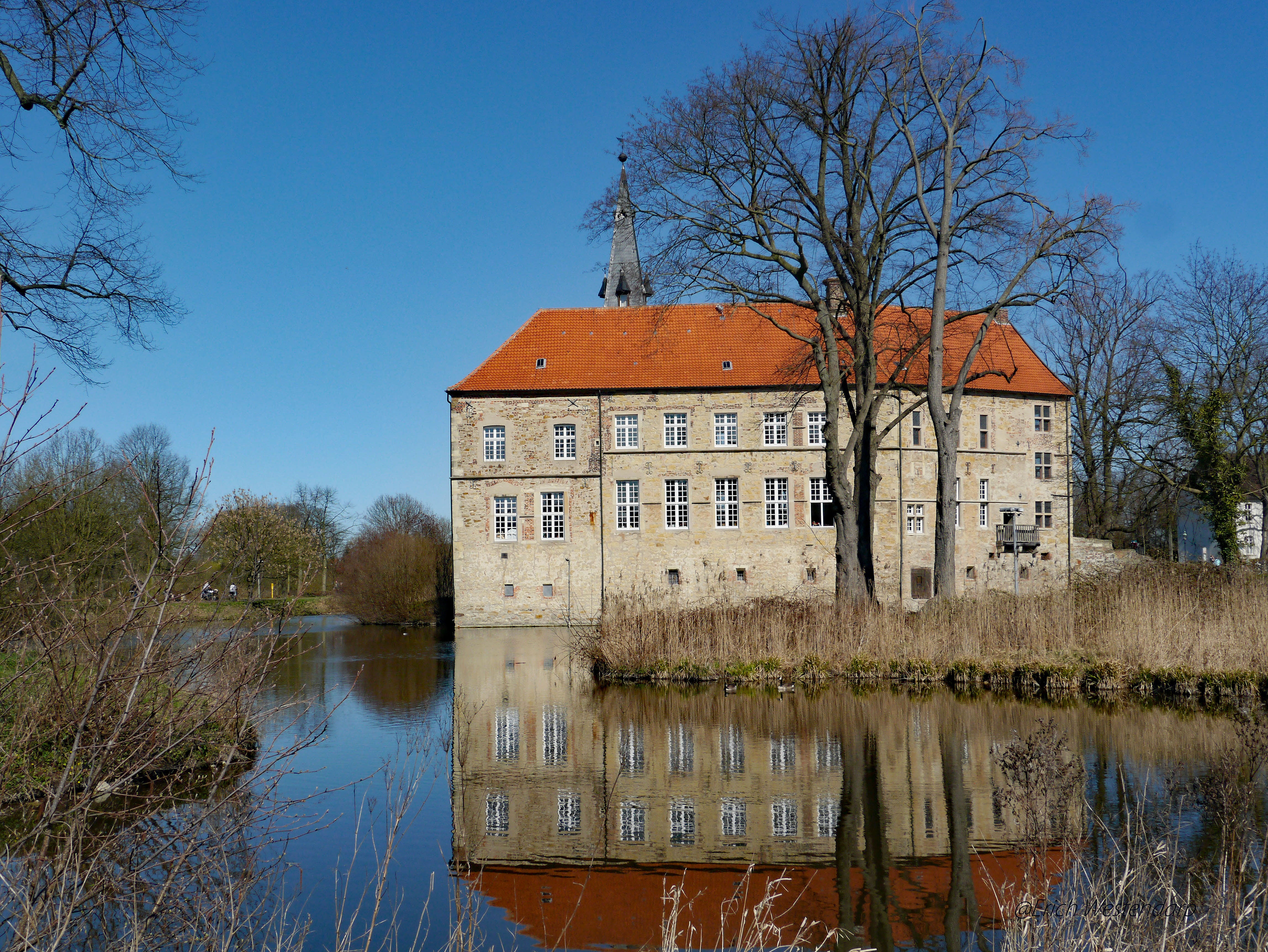 lüdinghausen city, no people, plant, representation, lake, day, reflection, clear sky, beech, sky, münsterland, lh, blue, waterfront, celebrations, bare tree, HD Wallpaper