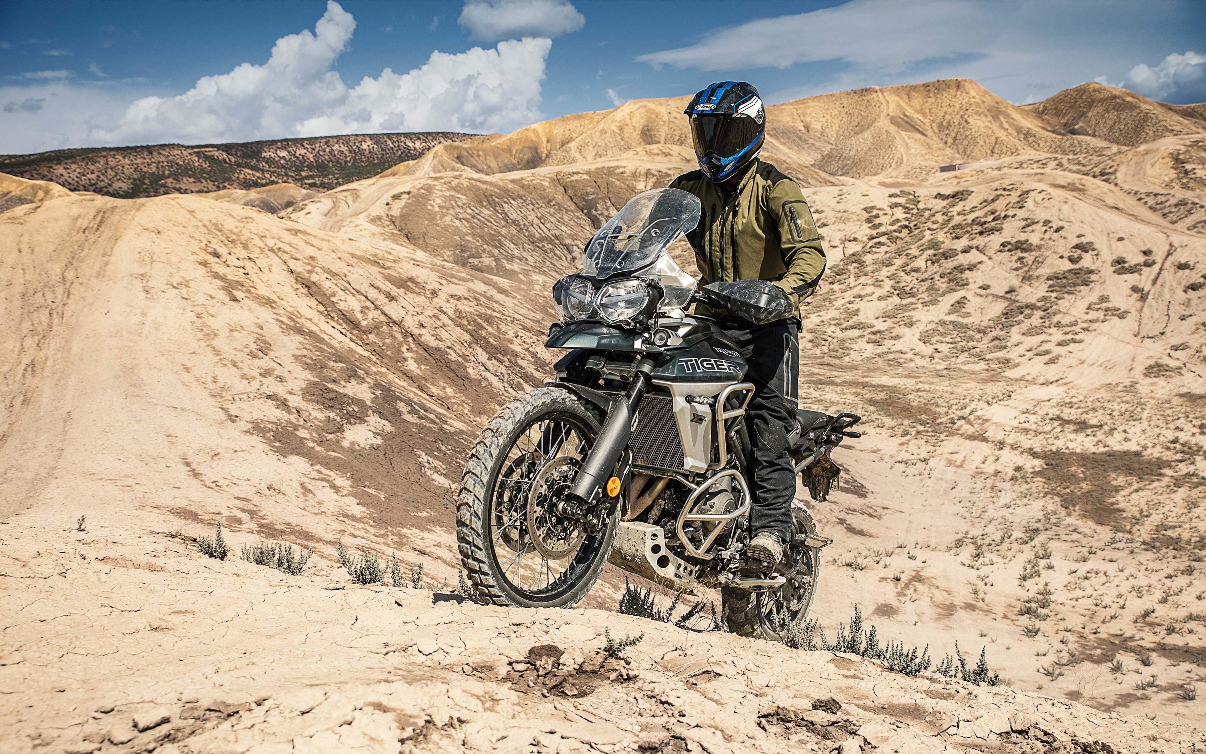 landscape, one person, 4K, transportation, 2018, shadow, day, rock - object, arid climate, bicycle, Triumph, desert, XCA, land, travel, leisure activity, HD Wallpaper