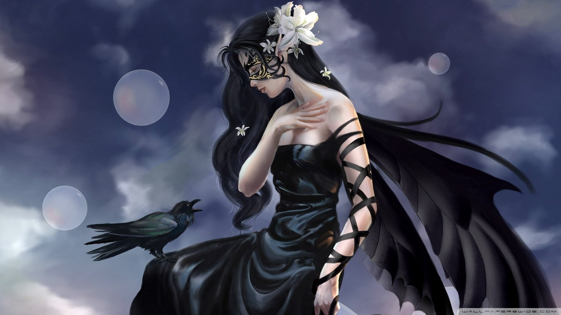 x, women, black dress, 1920x1080 px, black, hd, art, short, people, hair, 1080P, crow, wings, px, mask, dress, HD Wallpaper