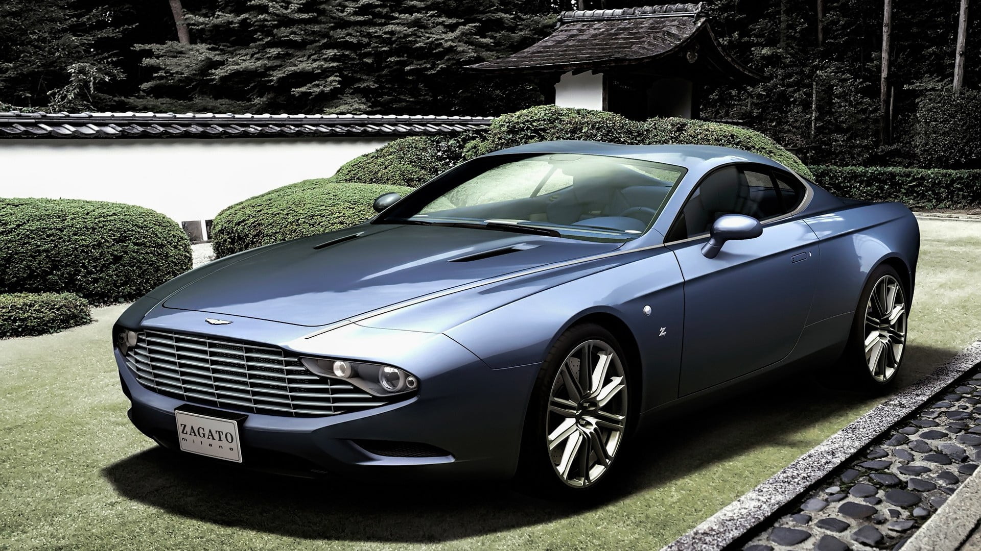 Aston Martin, retro styled, benz, trees, garage, architecture, Zagato, no people, luxury, building, black, plant, building exterior, outdoors, mercedes, HD Wallpaper