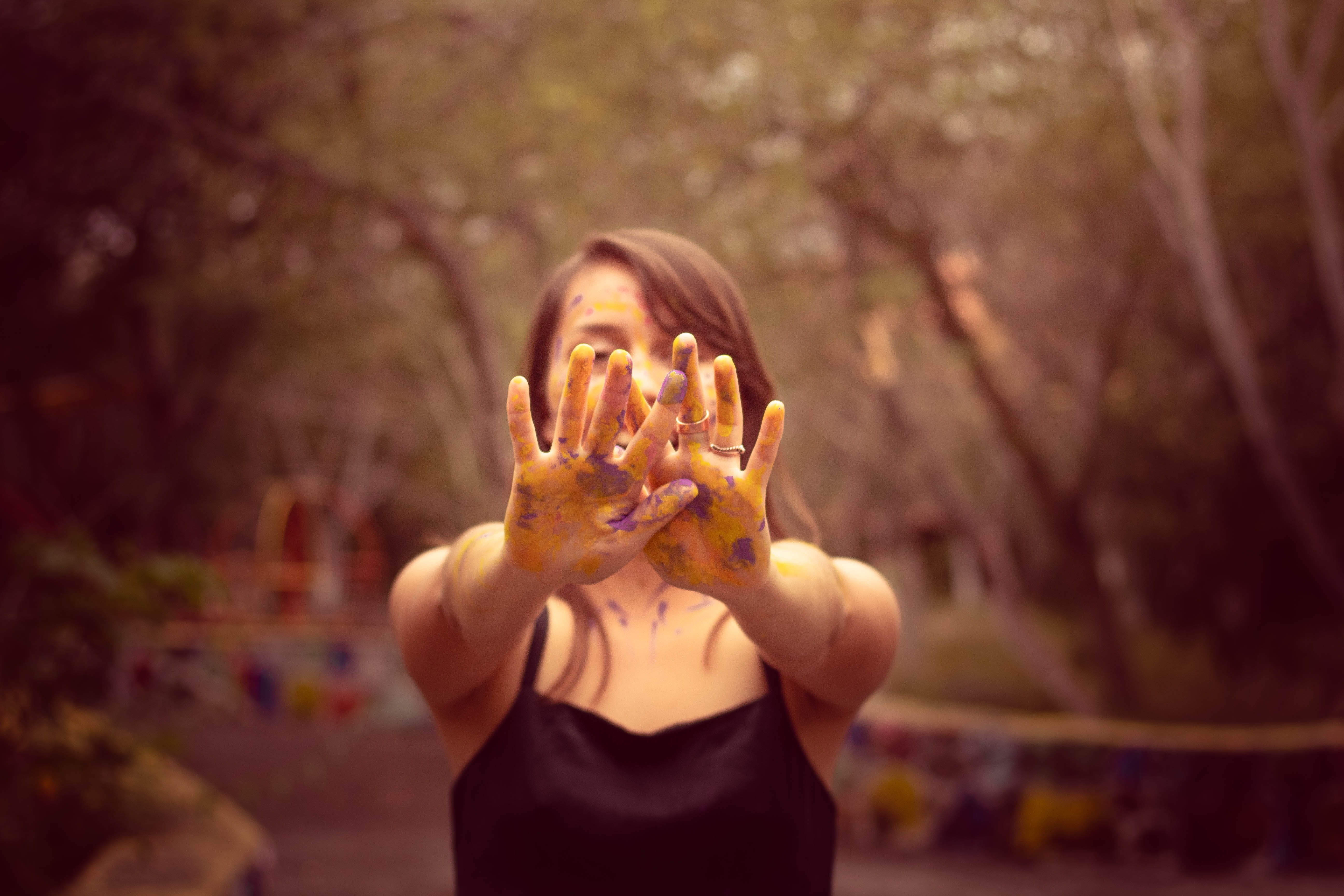hairstyle, unrecognizable person, model, portrait, arts, young adult, brown hair, art, colors, 5K, adult, hand, human hand, forest, artist, paint, obscured face, HD Wallpaper