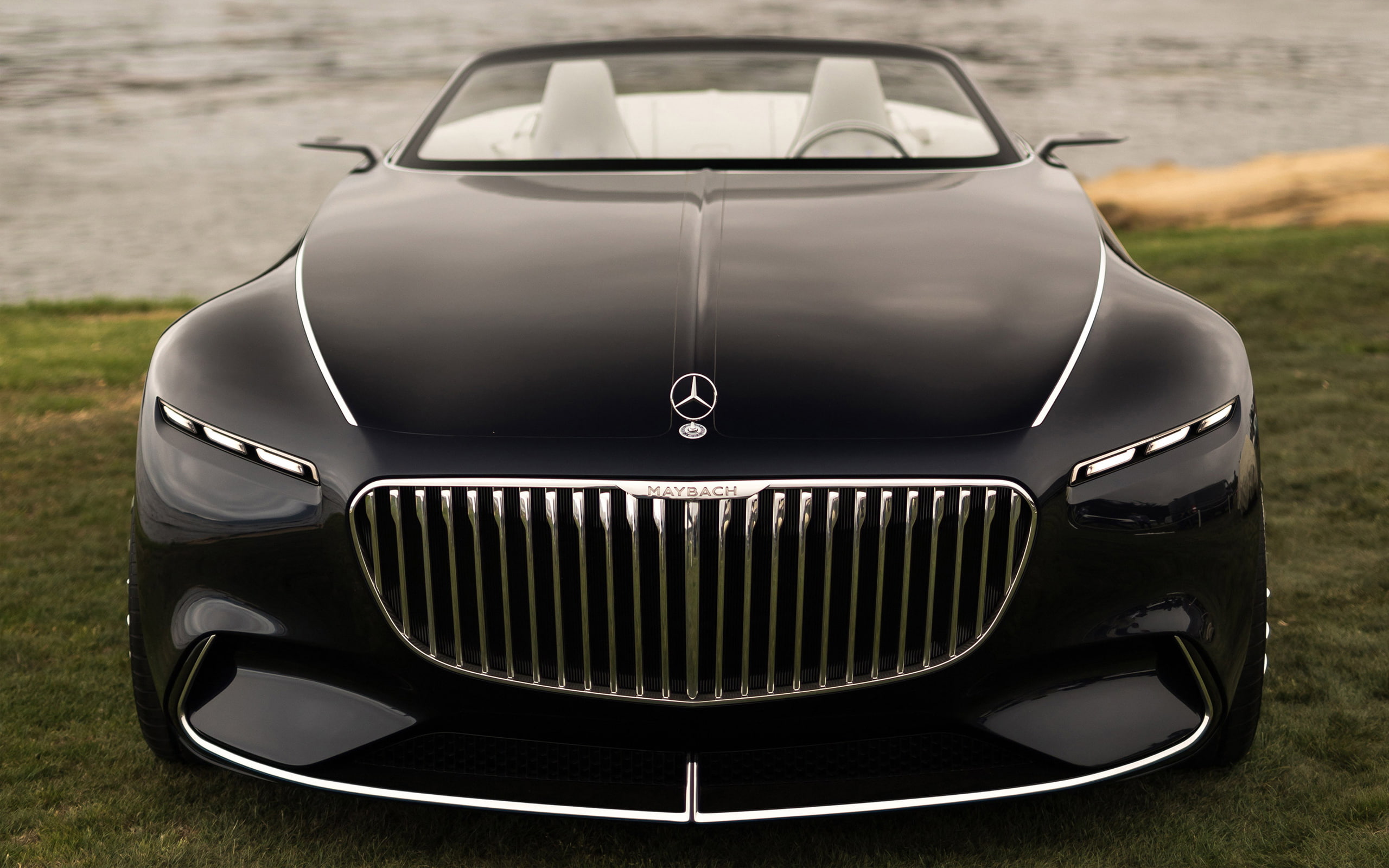 chrome, luxury, retro styled, silver colored, close-up, mode of transportation, motor vehicle, Mercedes, car, field, outdoors, black color, headlight, front view, HD Wallpaper
