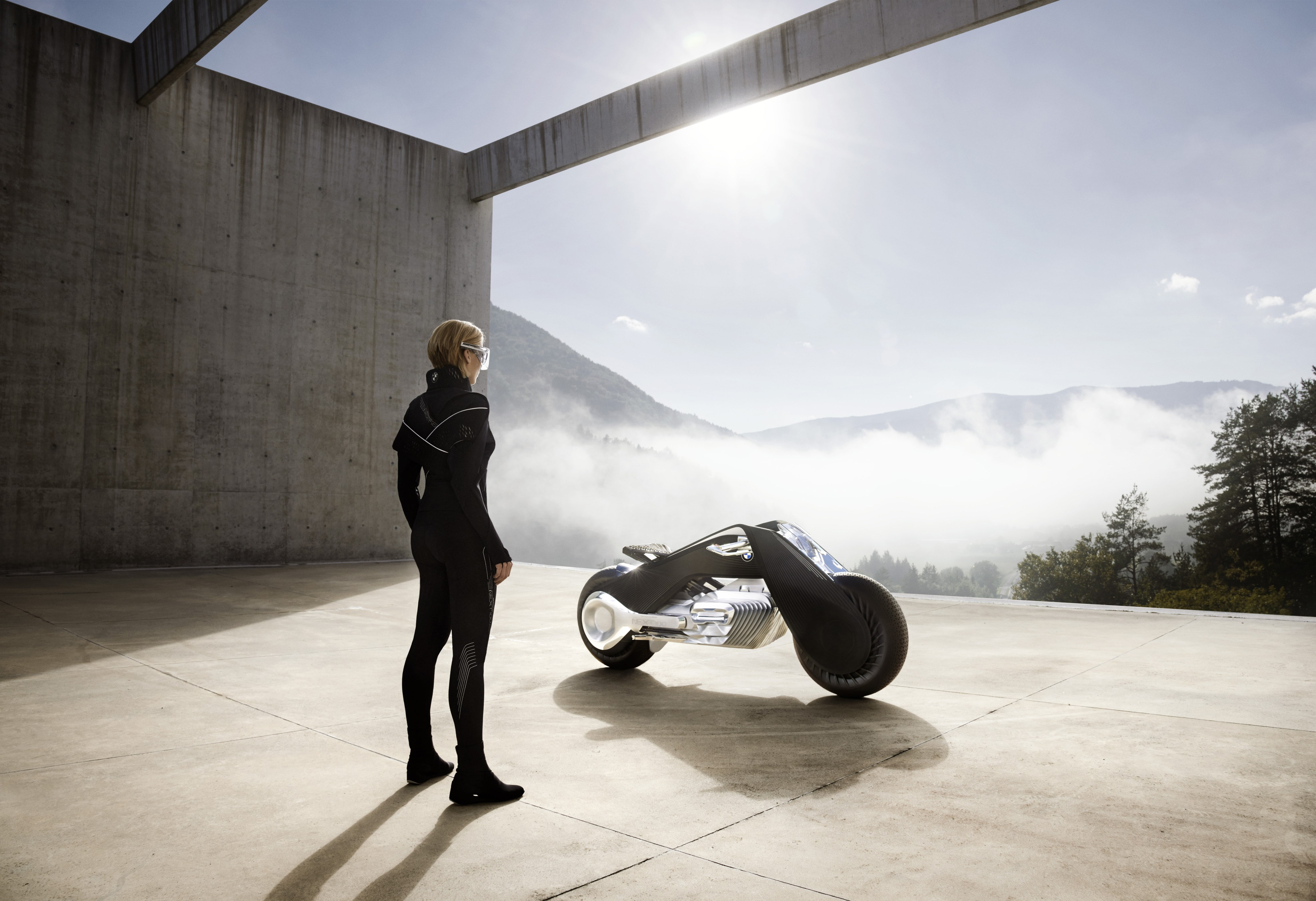 BMW Motorrad, person, standing, Future bike, 4K, HD, 4K, Vision Next 100, Concept bikes, motorcycle, front, HD Wallpaper