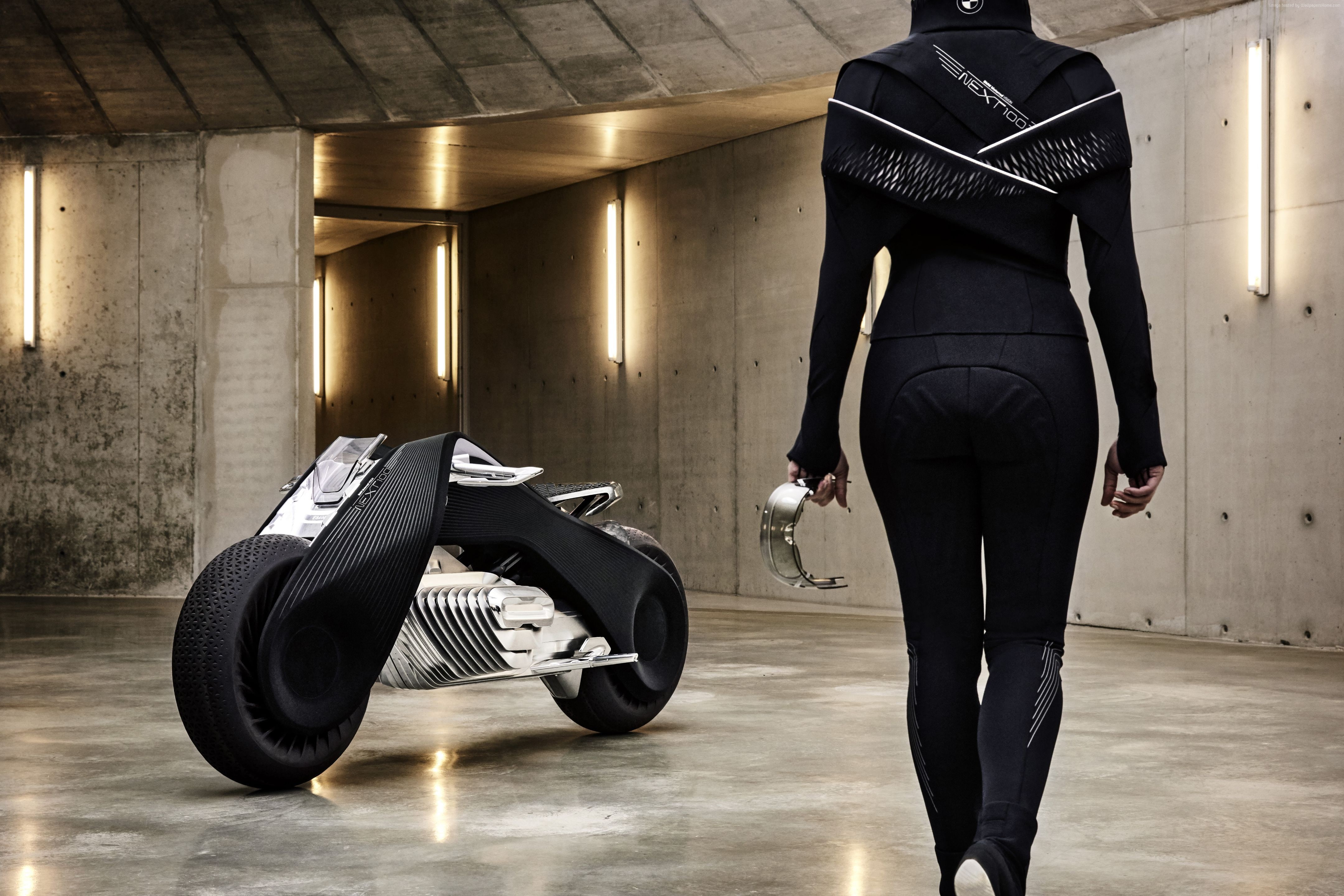 indoors, BMW Motorrad VISION NEXT 100, lifestyles, 4K, architecture, standing, building, leisure activity, rear view, one person, black color, concept, HD Wallpaper