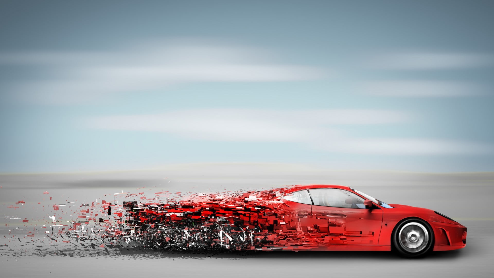 Ferrari, red, ruined, transportation, motion, red cars, water, clouds, crash, car, digital composite, outdoors, day, copy space, nature, 1080P, sports car, HD Wallpaper