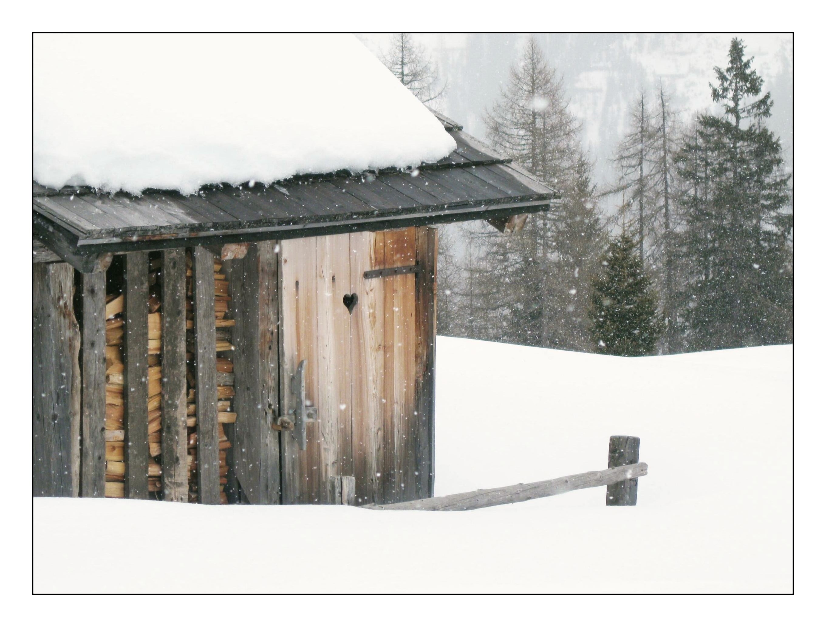 landscape, blizzard, rest house, heart, mountain hut, holzstapel, transfer print, shed, roof, built structure, firewood, winter dream, wooden, extreme weather, HD Wallpaper