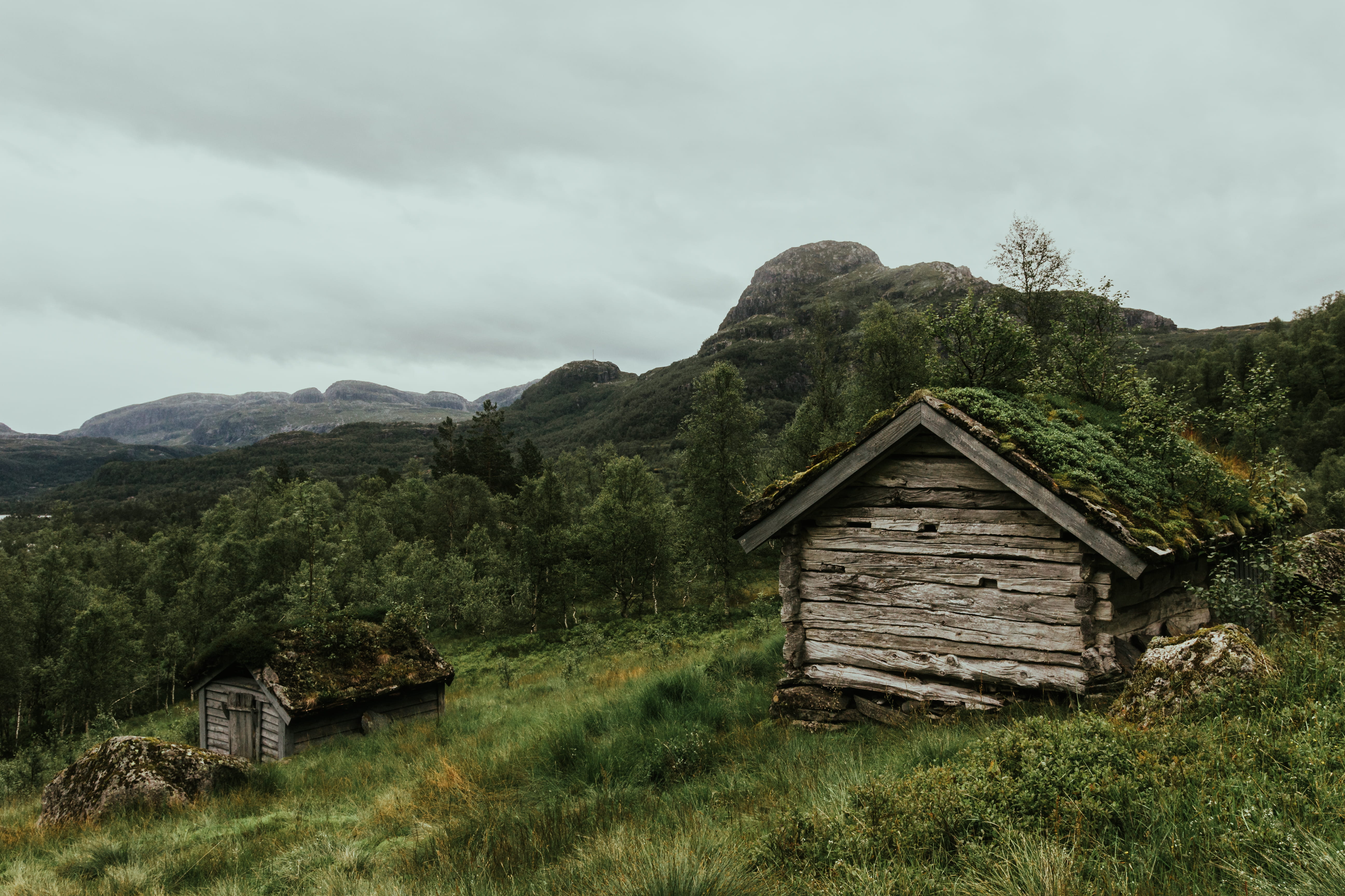 gray, cloud, cottage, outdoors, no people, plants, house, beauty in nature, green, architecture, building, two, land, tress, 5K, norway, building exterior, HD Wallpaper