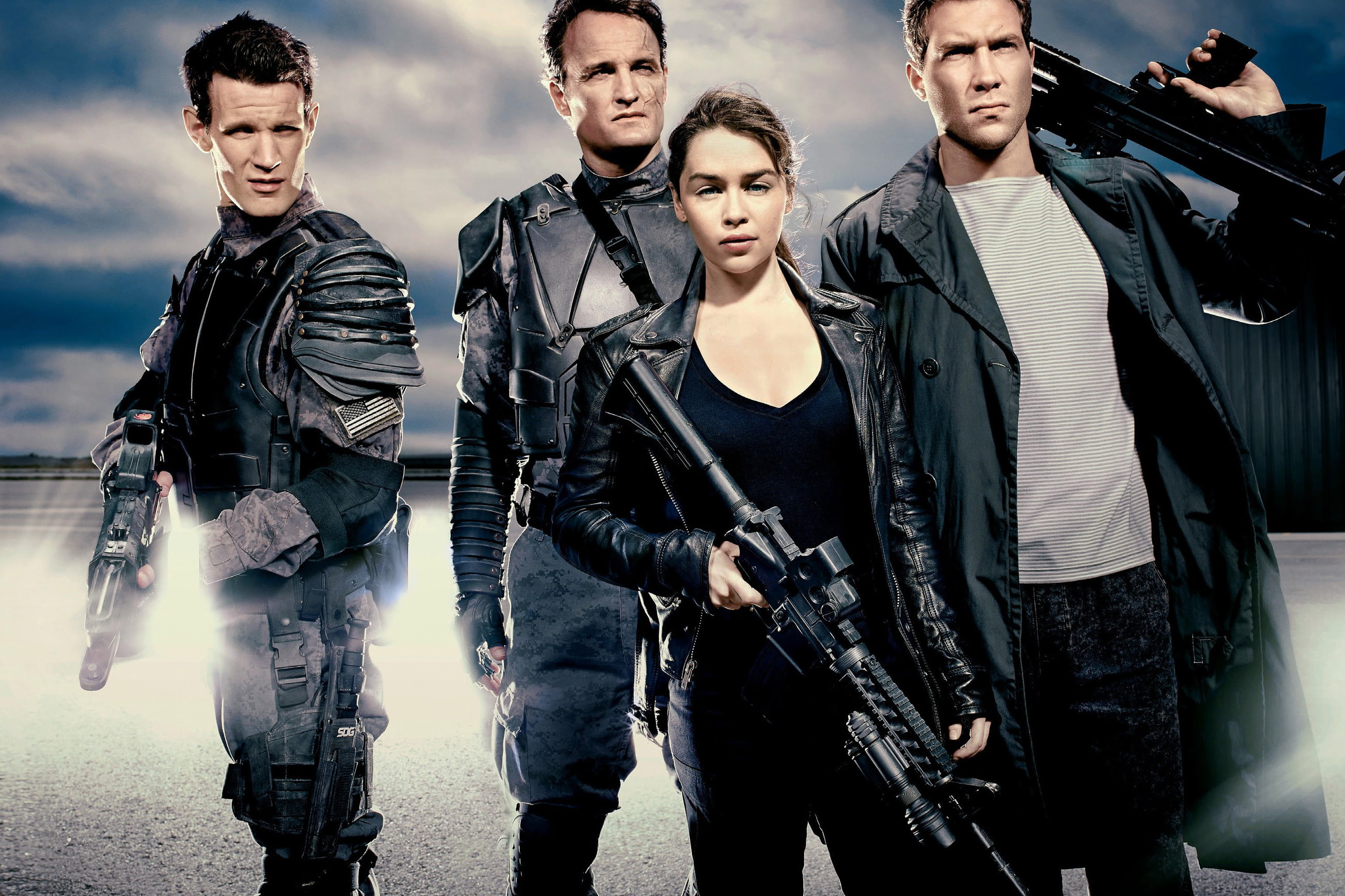 Kyle Reese, security Staff, front view, young adult, military, one, males, Sarah Connor, sky, 2K, woman, three, men, officer, law, uniform, weapons, three quarter length, HD Wallpaper