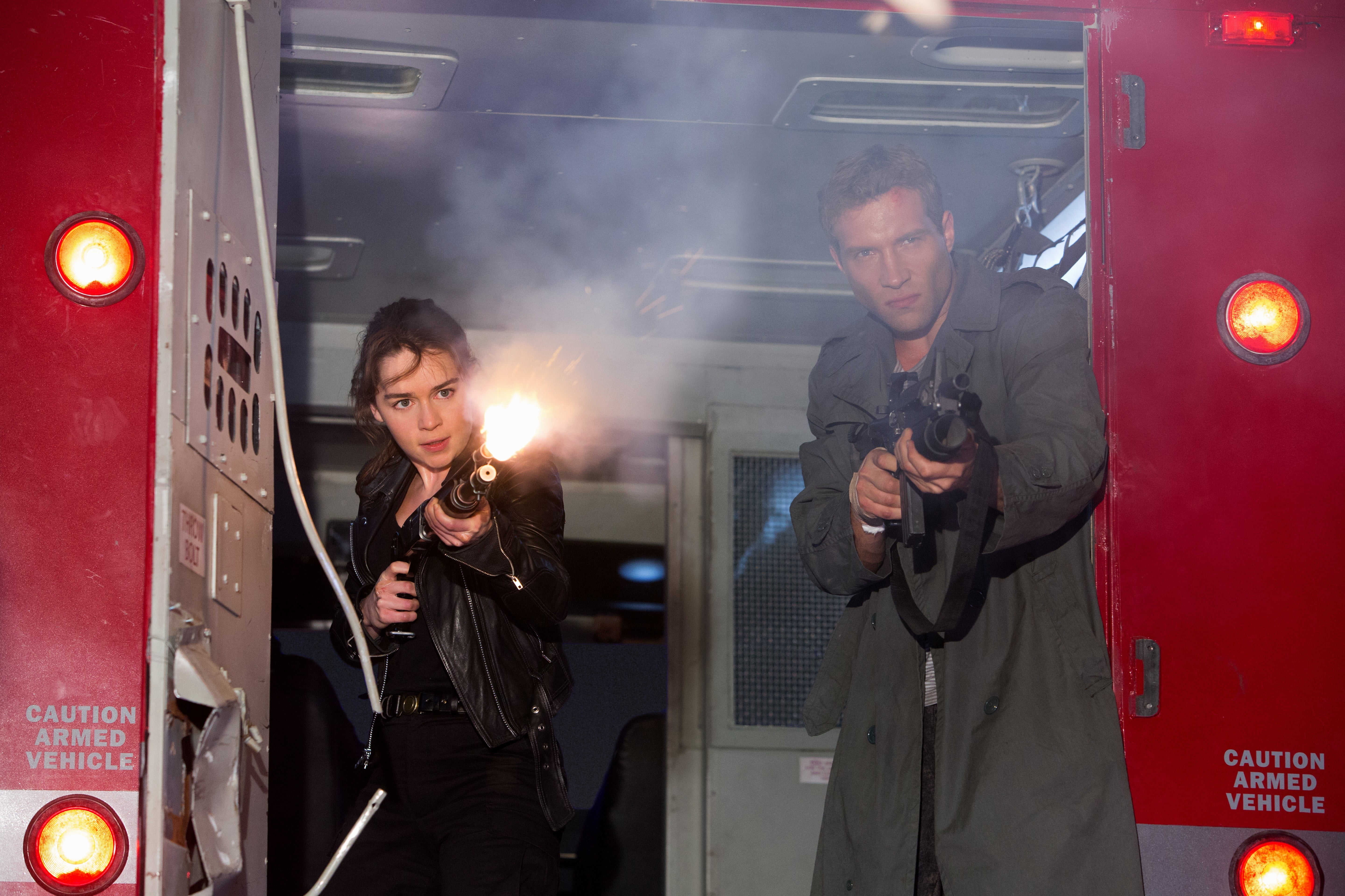 fire Engine, transportation, two people, young Adult, weapon, Terminator: Genisys, occupation, land Vehicle, gun, shotgun, holding, males, car, 5K, firefighter, HD Wallpaper