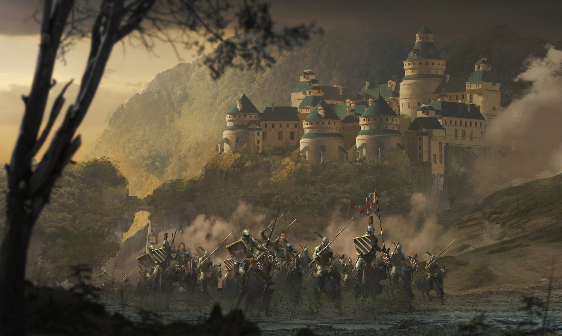flag, warrior, Castle, rider, 1080P, forest, weapons, armor, knight, HD Wallpaper
