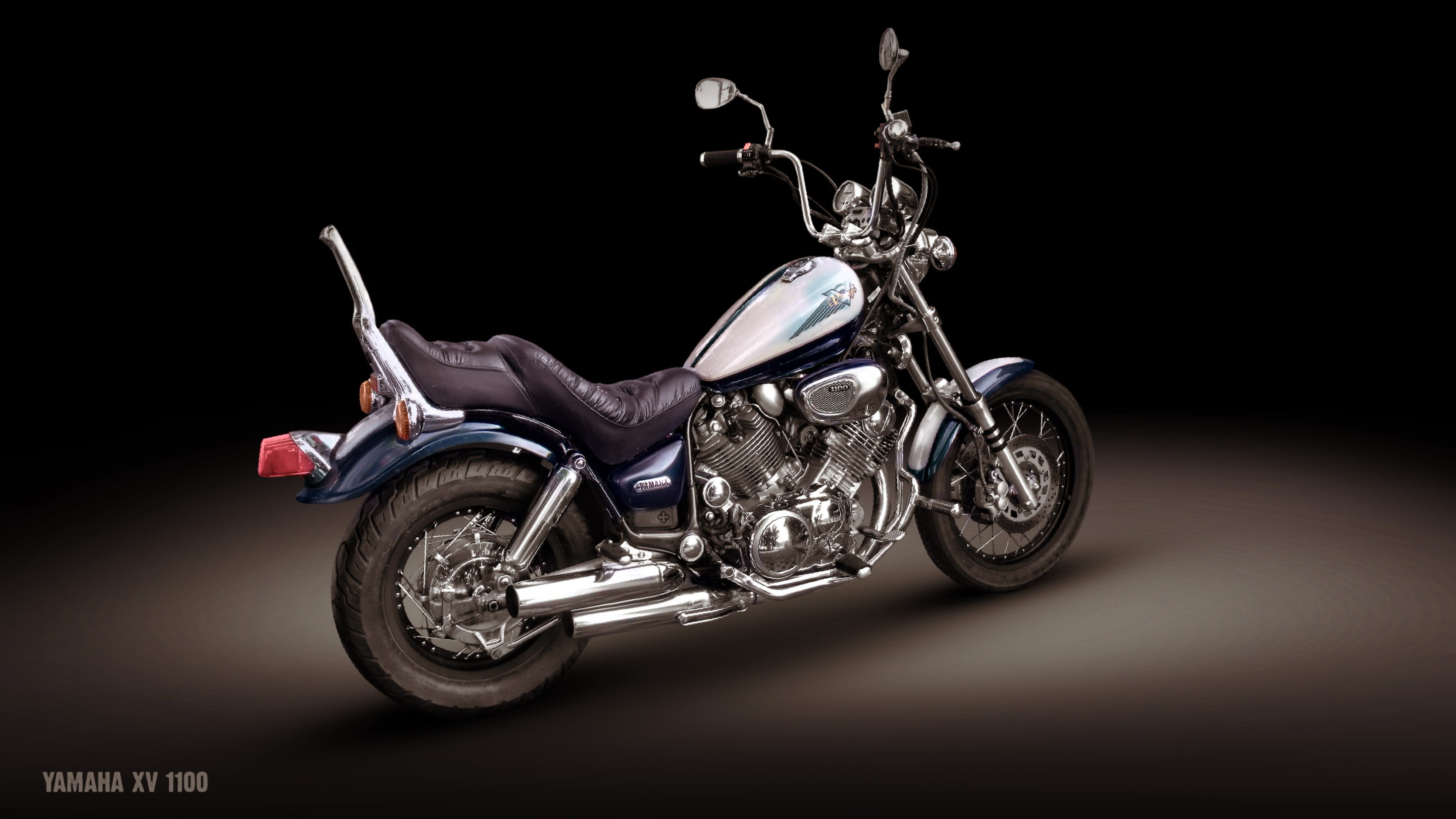 black background, Yamaha XV1100, Yamaha, indoors, full length, retro styled, motorcycle, wealth, studio shot, chrome, speed, side view, silver colored, HD Wallpaper