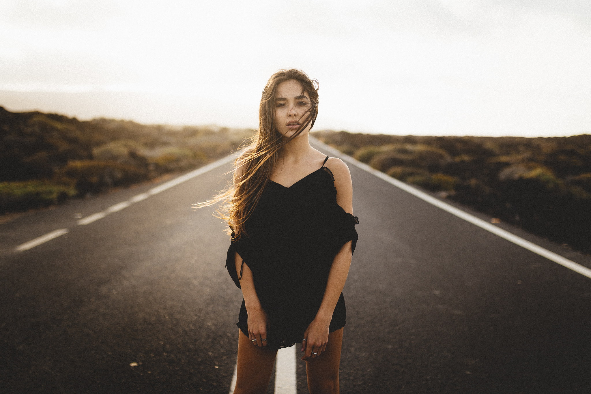 brunette, women, brown eyes, portrait, 1080P, Gerard Moral, open mouth, black shirt, road, HD Wallpaper