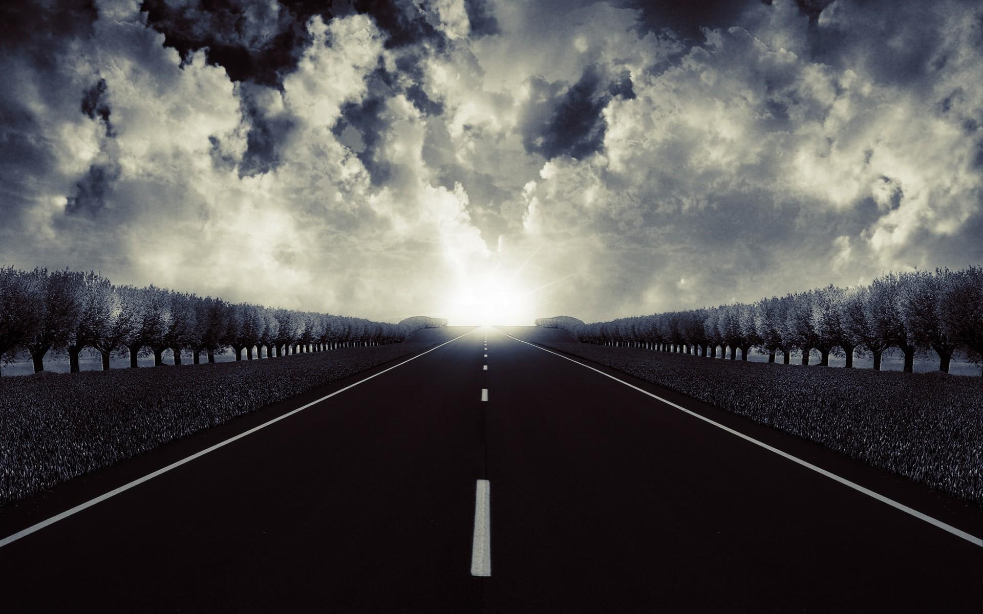 road, asphalt, light, black, photography, sunny, nature, dark, clouds, bright, white, open, trees, 1080P, beauty, HD Wallpaper