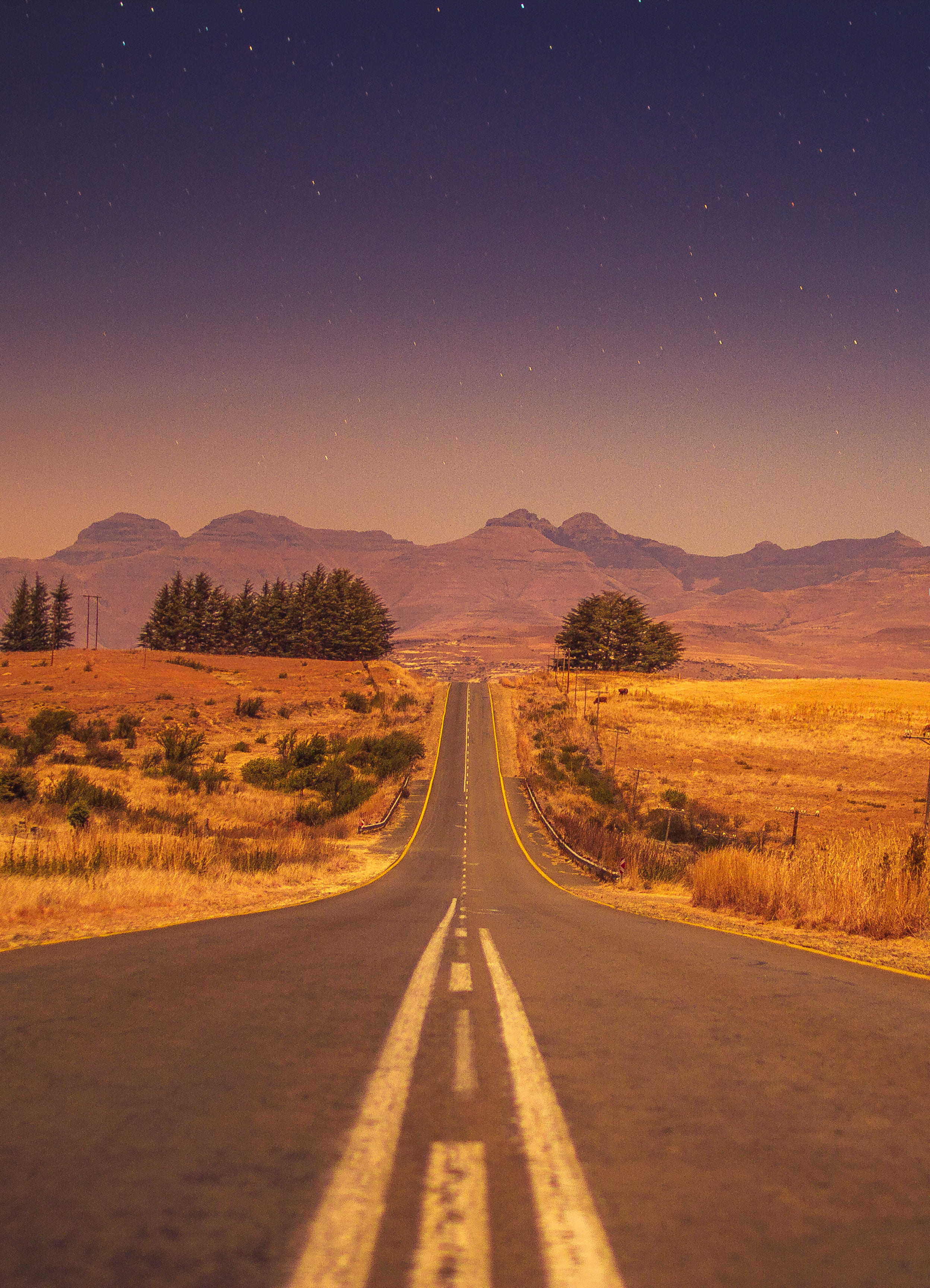 night, pavement, beauty in nature, landscape, near, vanishing point, mountain line, astronomy, photo, longexposure, outdoors, transportation, desert, sunset, Phone HD Wallpaper